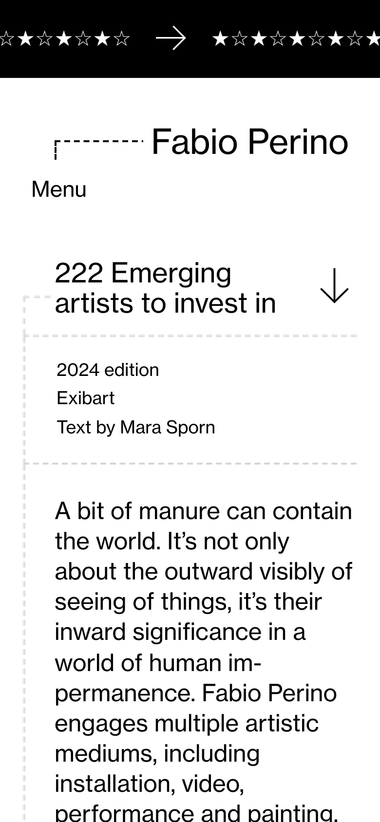 The mobile version simplifies the layout, moving the navigation into a 'Menu' label below the artist's name. The content remains centered and vertically stacked, focusing on the large headline '222 Emerging artists to invest in' and the subsequent text, with the top star decoration scaled to fit the narrower screen.
