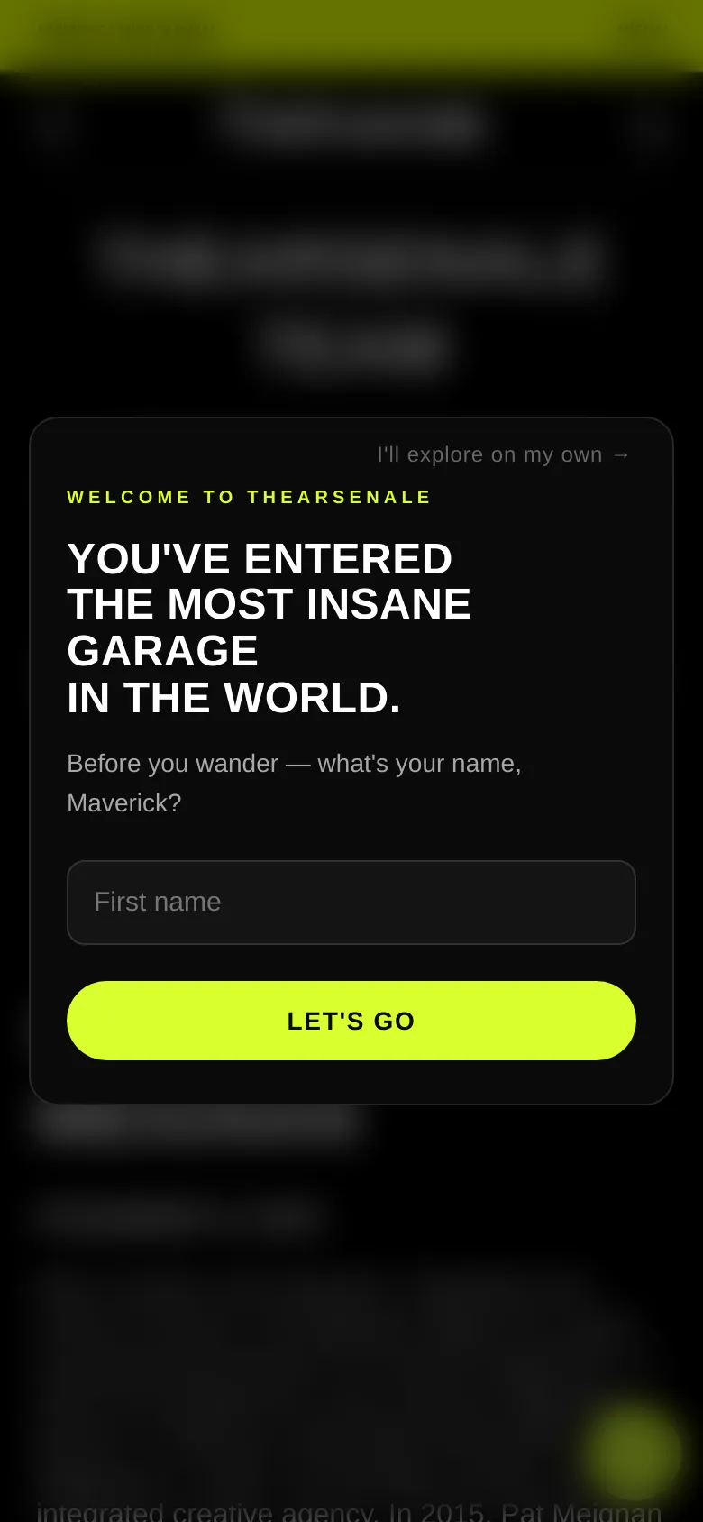The mobile version maintains the dark theme and lime green accents but uses a single-column vertical layout for easier scrolling. A prominent pop-up modal overlays the center of the screen, asking for the user's name with a 'First name' input field and a bright lime green 'LET'S GO' call-to-action button.