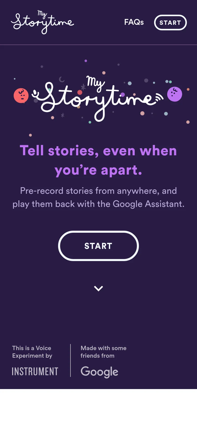 The mobile version maintains the dark purple theme and playful white script logo but uses a vertical layout. The headline and subheadline are centered, with the 'START' button appearing larger in the middle of the screen. Navigation links 'FAQs' and 'START' are moved to the top right, and the branding for Instrument and Google is stacked at the bottom.