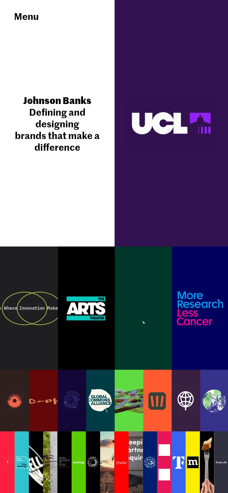 The mobile version uses a stacked vertical layout, placing the white text hero section above a large purple block containing the 'UCL' logo. The project grid below transitions from multiple columns to a single-column vertical scroll of large, colorful tiles.
