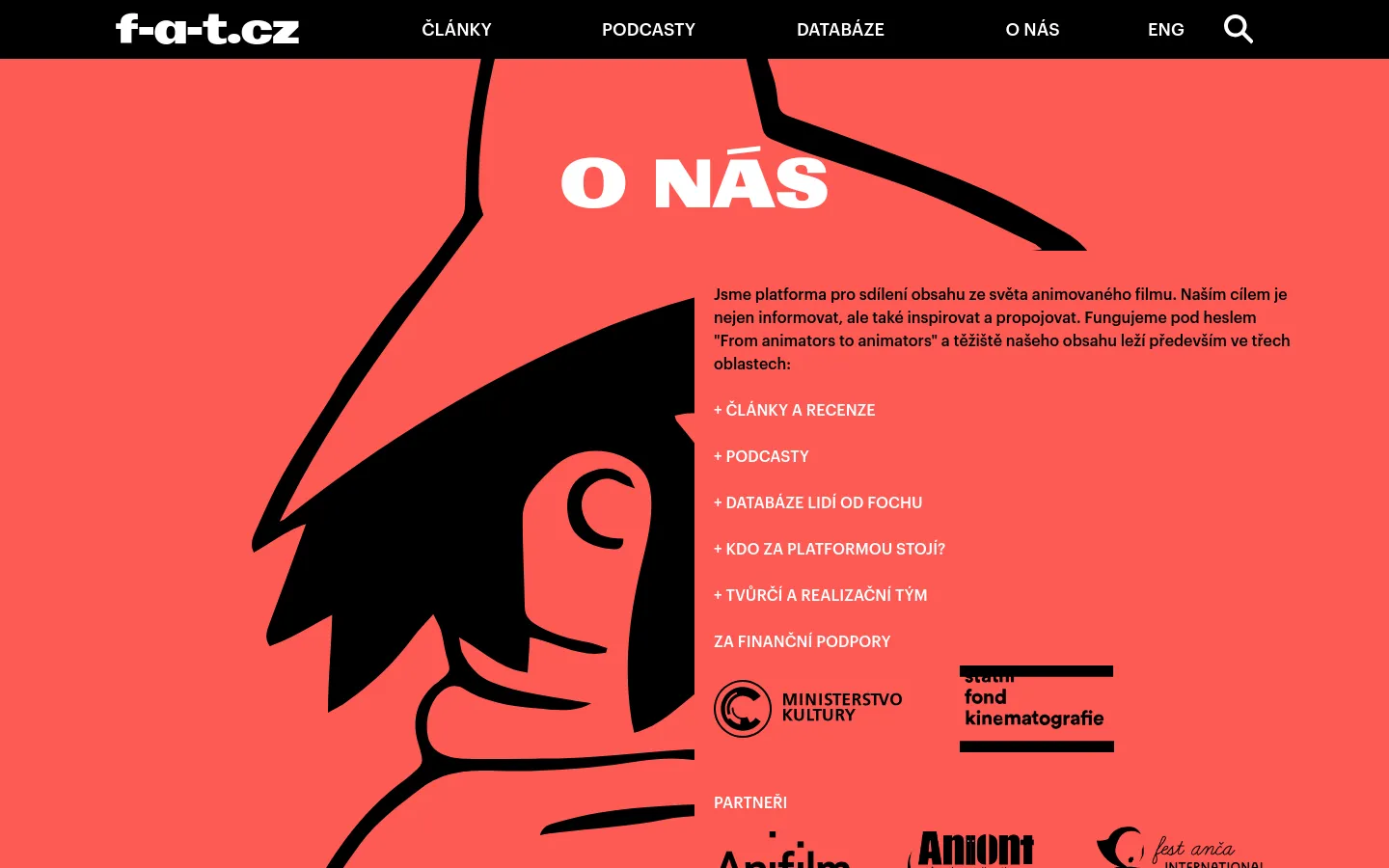 The desktop page features a bold red background with a large, stylized black and white animated character silhouette on the left. The headline 'O NÁS' is in large white capital letters, followed by text describing the platform and a list of sections with plus signs. Logos for financial supporters and partners are displayed at the bottom.