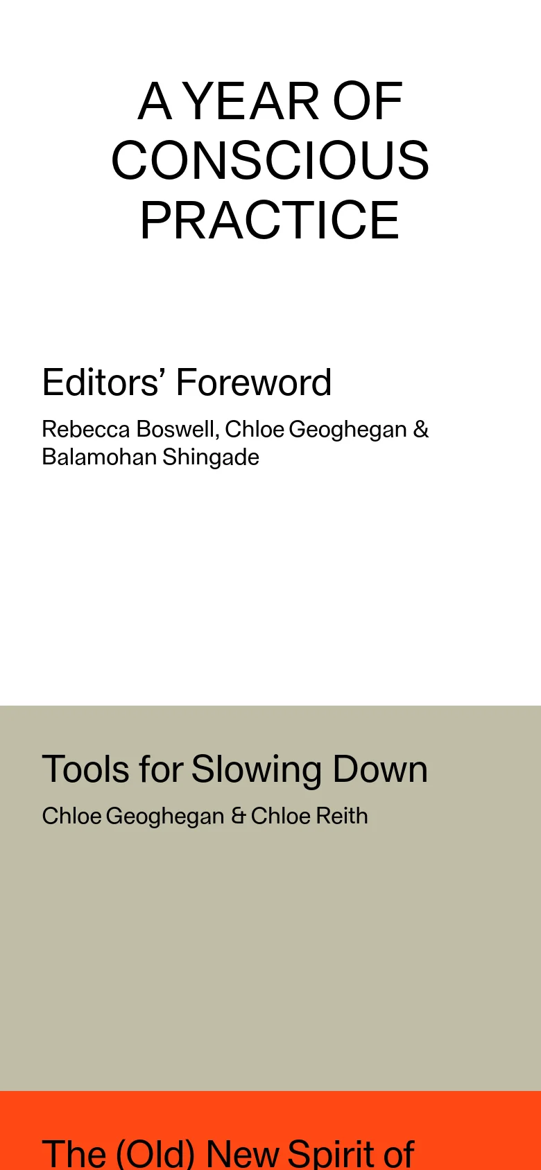 The mobile version presents a simplified, vertical stack of content. The large title is centered at the top, followed by a list of article titles and authors on a plain white background, with the colorful grid tiles transitioning into full-width vertical blocks.