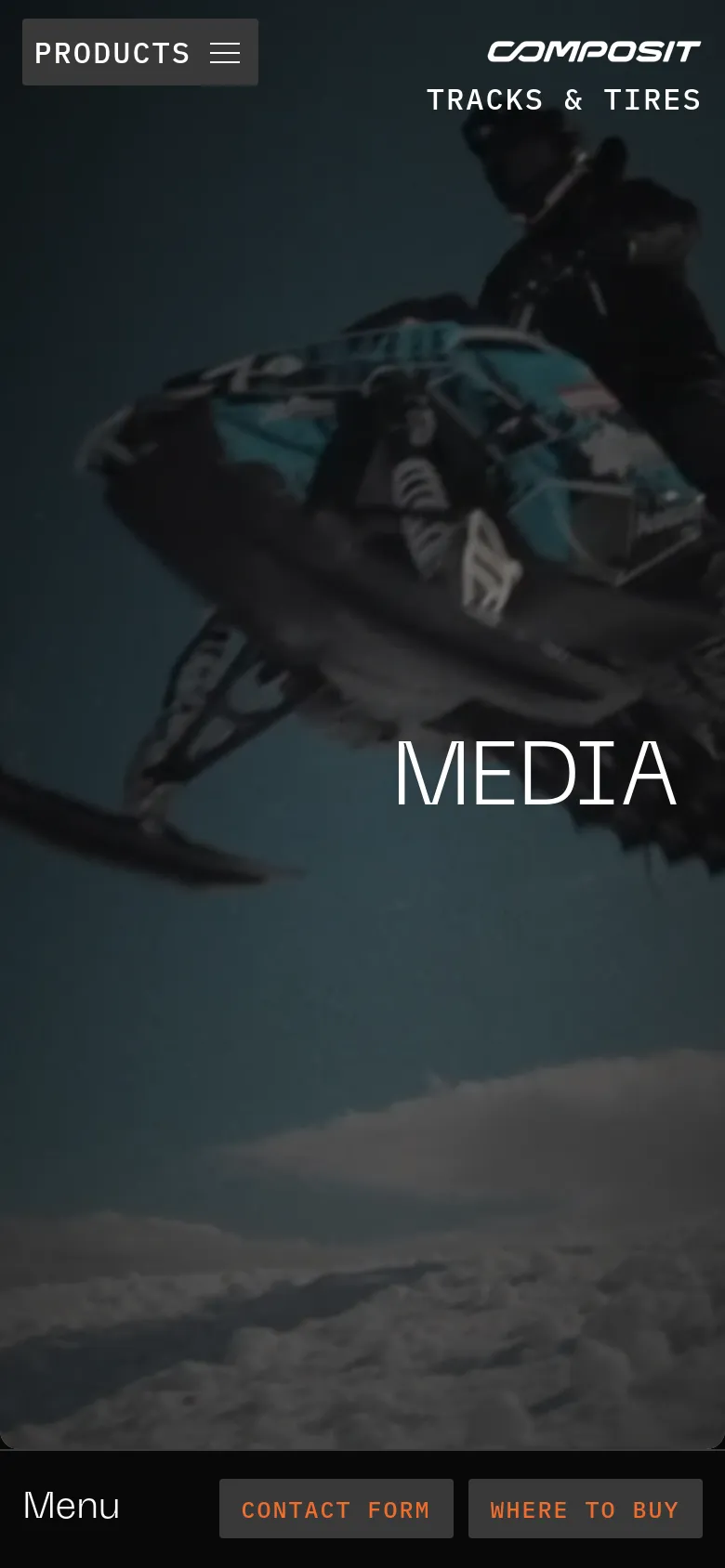 The mobile version displays a full-screen hero image of a snowmobile with 'MEDIA' centered in large white typography. The layout is simplified with a 'Products' menu button at the top left and a bottom navigation bar containing 'Menu', 'Contact Form', and 'Where to Buy' buttons.