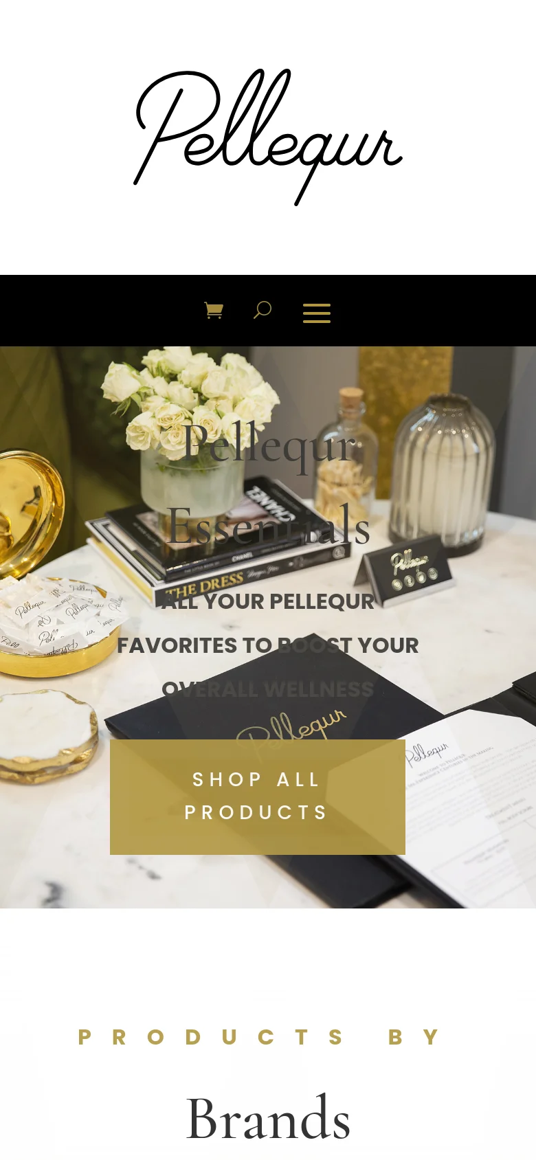 The mobile version displays a vertically stacked layout with the Pellequr logo at the top, followed by a black navigation bar containing a hamburger menu, search, and cart icons. The hero image is scaled for a portrait view, featuring the same luxury product photography and a large gold 'Shop All Products' call-to-action button.