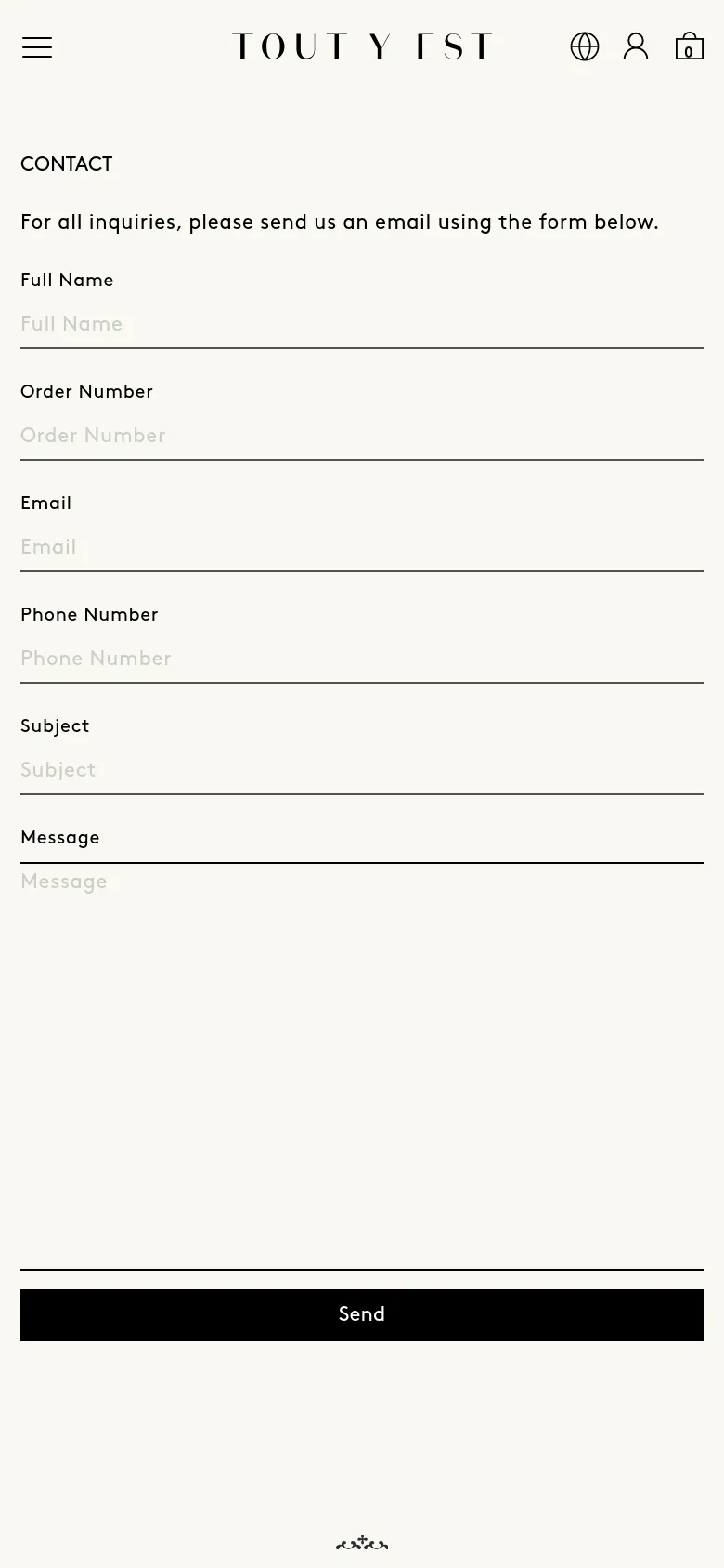 The mobile version maintains the minimalist white aesthetic but uses a condensed layout with a hamburger menu and icons for language, user profile, and shopping bag at the top. The contact form fields and the large black 'Send' button are stacked vertically to fit the narrower screen width.