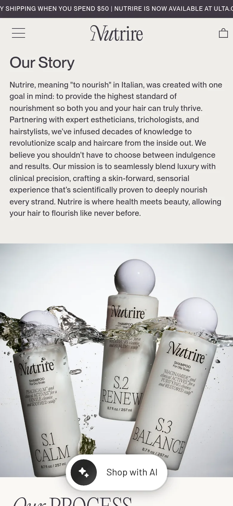 The mobile version uses a single-column layout optimized for vertical scrolling. The 'Our Story' text appears first, followed by a full-width hero image of the product bottles in water. A floating 'Shop with AI' button is anchored at the bottom of the screen, and the navigation is condensed into a hamburger menu.