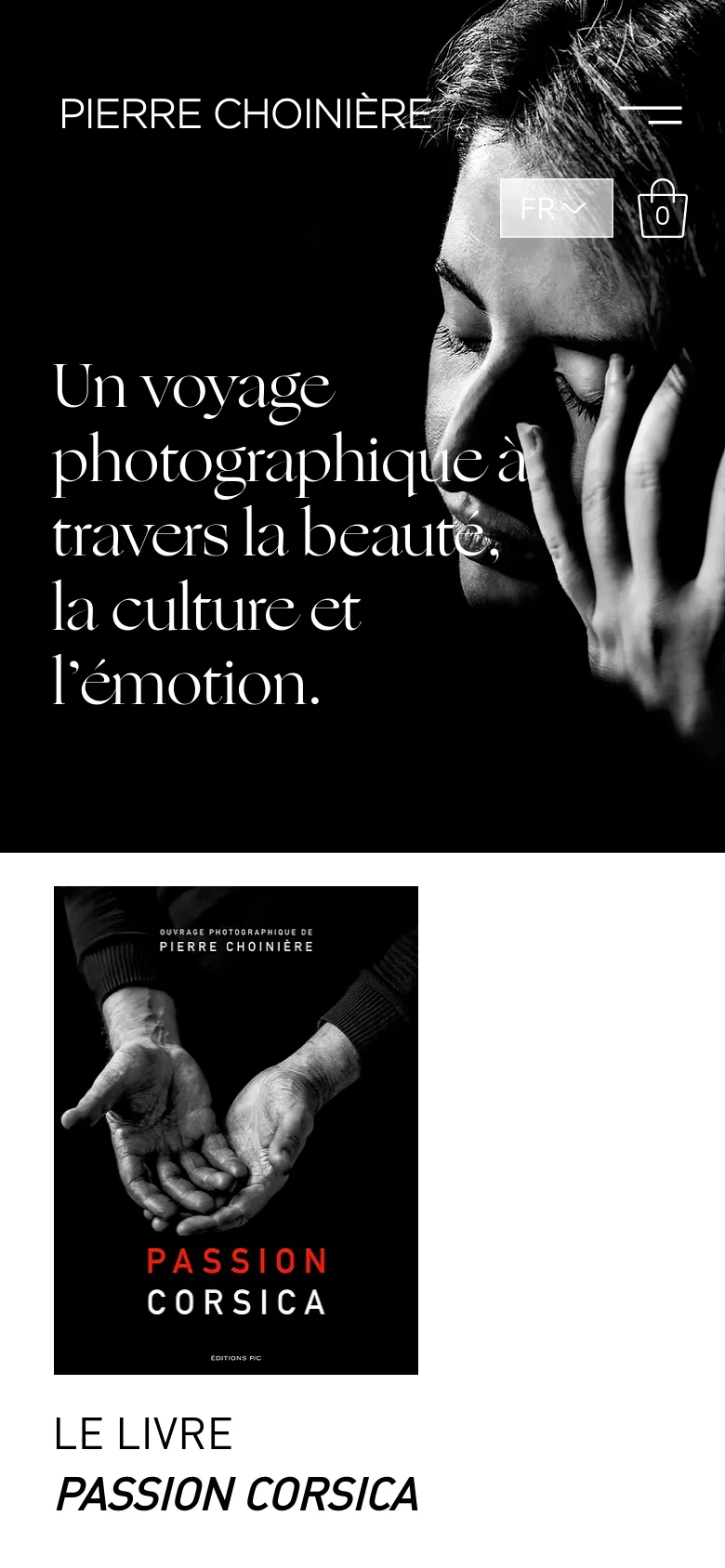 The mobile version presents a vertically stacked layout with the large black-and-white portrait occupying the top half of the screen. The hero text is centered below the portrait, and the navigation menu is condensed into a hamburger icon at the top right, with the brand name 'Pierre Choinière' and a shopping cart icon visible.