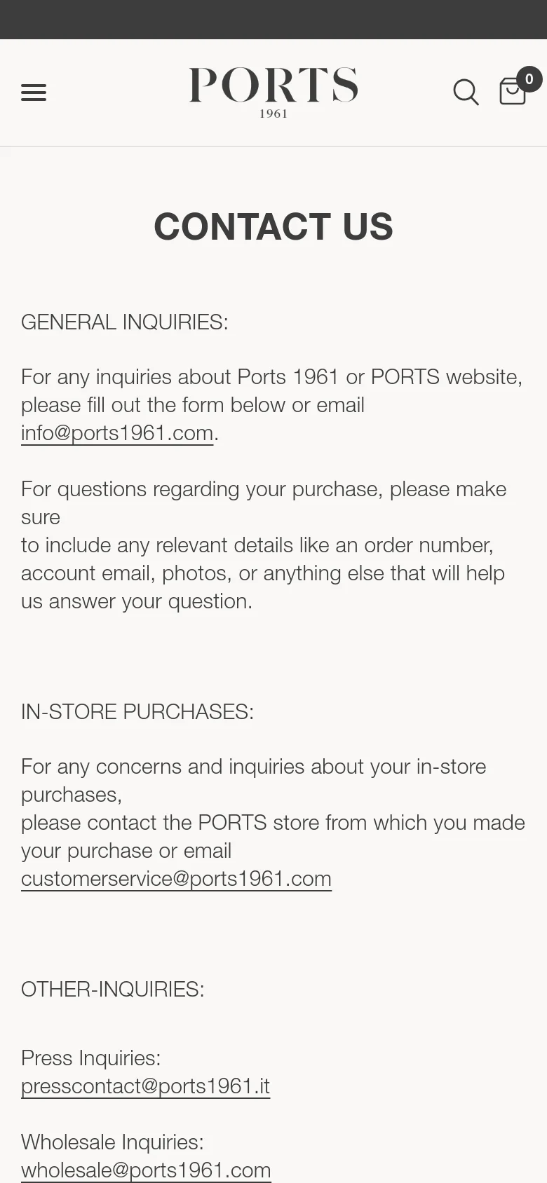 The mobile version uses a single-column vertical layout with a hamburger menu and search icon in the header. The 'Contact Us' heading is centered, followed by stacked text sections for various inquiry types and a contact form that spans the full width of the screen.