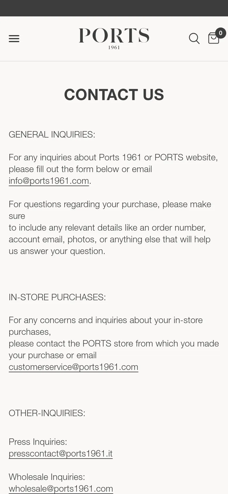 The mobile version uses a single-column vertical layout with a hamburger menu and search icon in the header. The 'Contact Us' heading is centered, followed by stacked text sections for various inquiry types and a contact form that spans the full width of the screen.