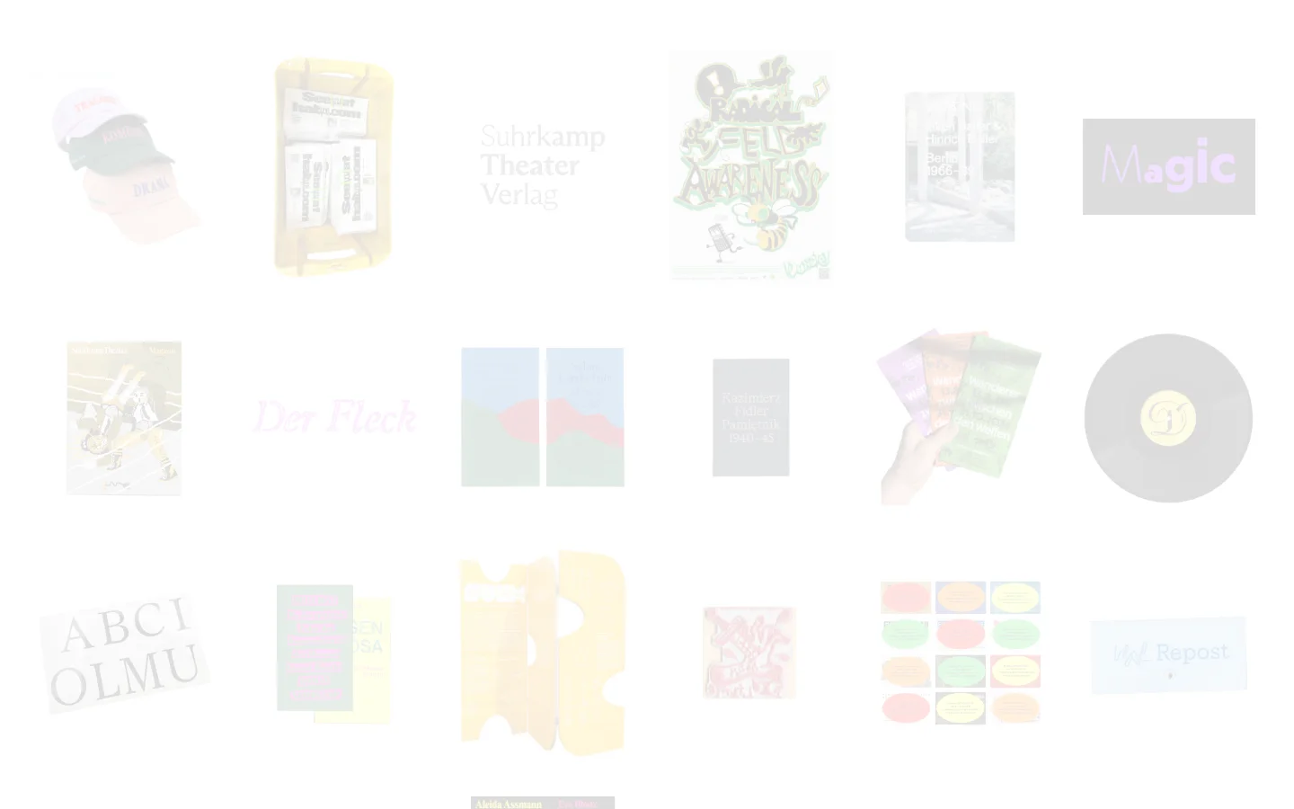 The Projects page features a minimalist grid layout on a white background with a navigation menu at the top. Large, colorful project thumbnails showcase graphic design works like typography, posters, and book covers, each accompanied by a text title below or within the image. The design is clean and airy, focusing on visual portfolio items.