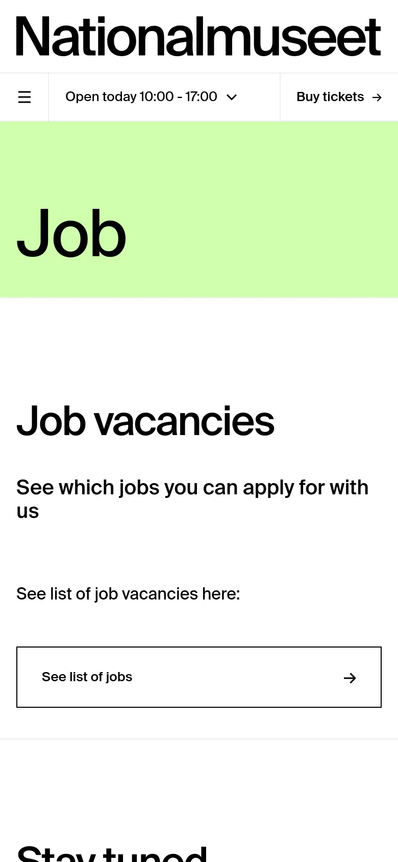 The mobile version simplifies the layout into a single vertical column, stacking the 'Job' hero section above the content. The 'Job vacancies' headline and subtext are centered above a full-width 'See list of jobs' button. The header is condensed, showing the logo, a hamburger menu, and a dropdown for opening hours.