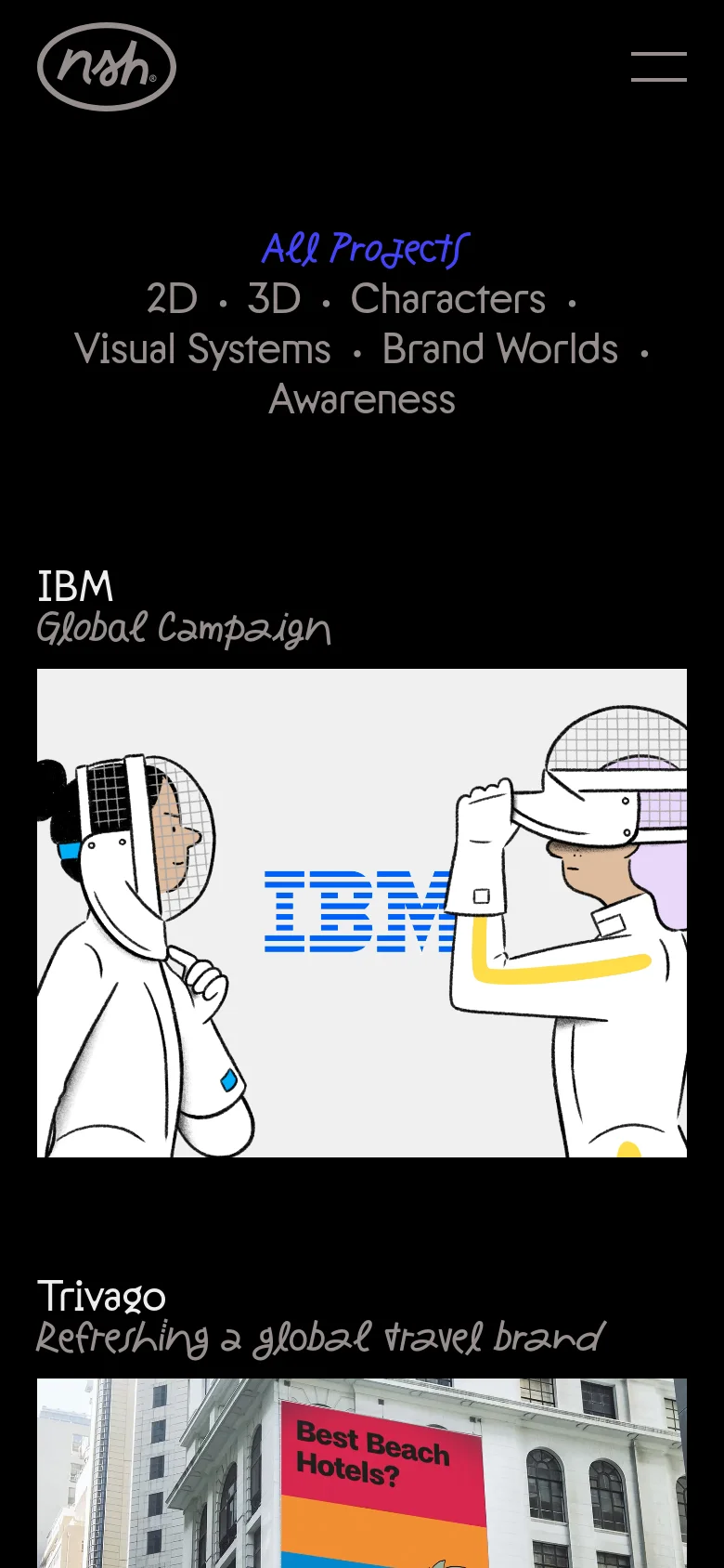 The mobile version presents a vertical layout on a black background, starting with a centered navigation menu of project categories in white and blue text. Below the menu, project tiles like IBM and Trivago are stacked vertically, showing large, full-width imagery and descriptive text.