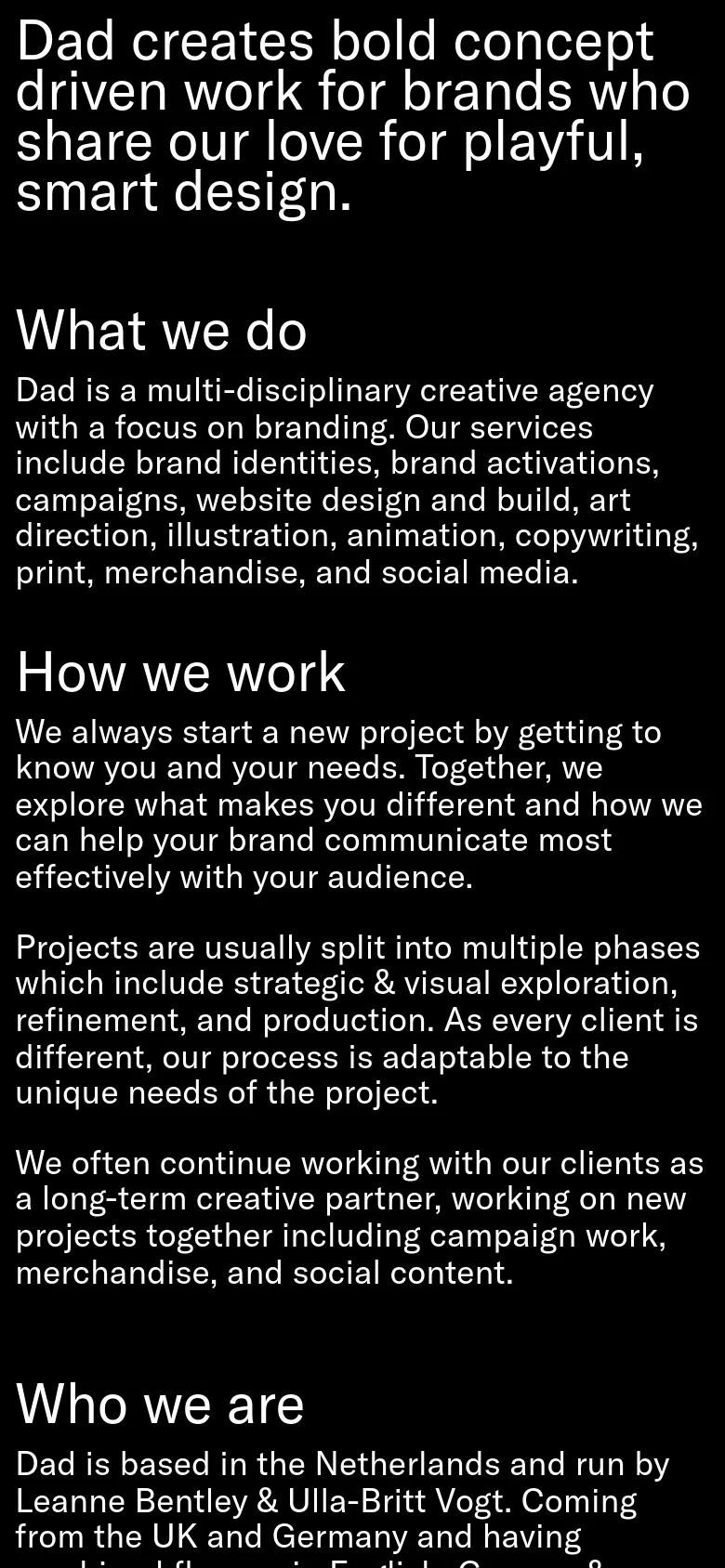 The mobile version features a single-column vertical layout on a black background. The large, bold white headlines and text blocks are stacked vertically for easy scrolling, maintaining the minimalist aesthetic of the desktop version.