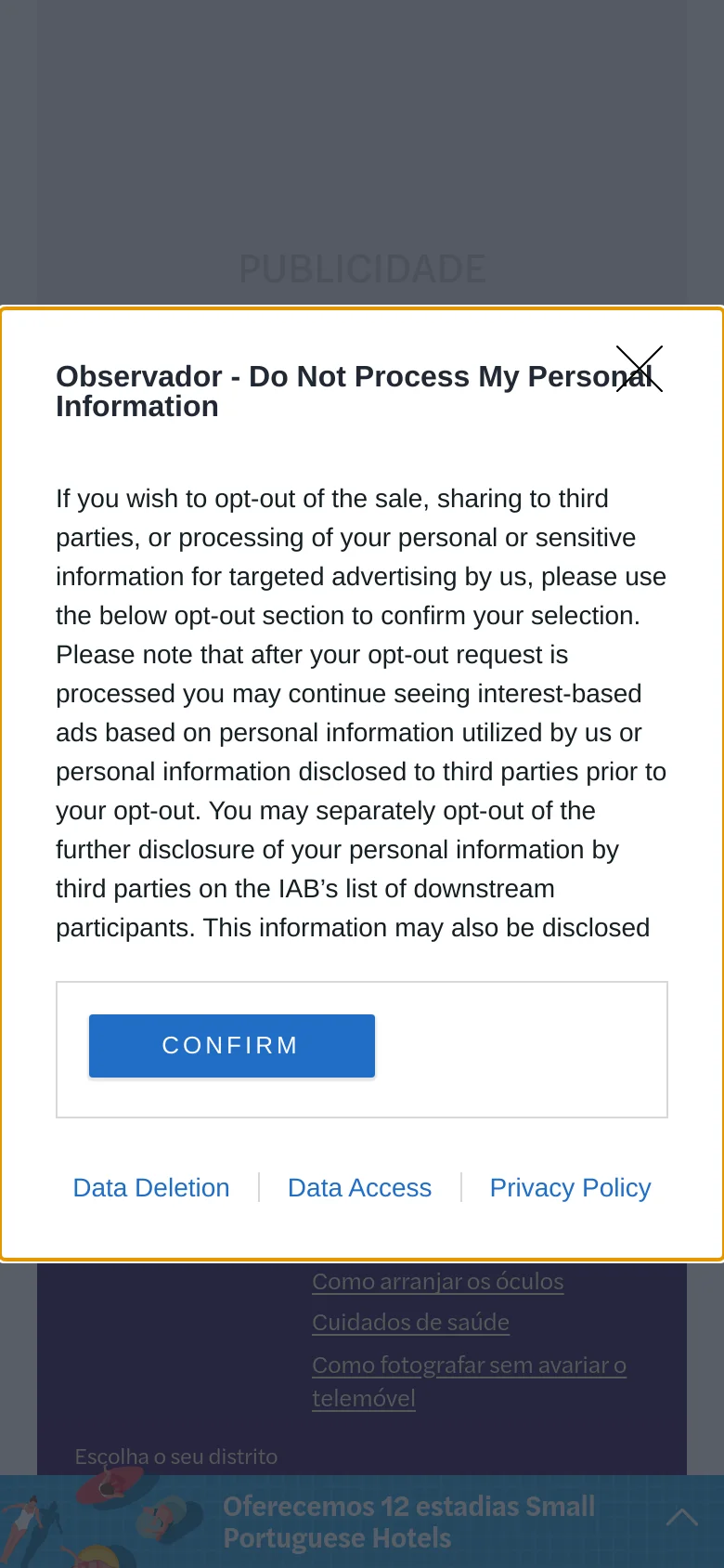 The mobile version presents a vertically stacked layout with the eclipse interactive banner at the top, followed by a district selection dropdown. The columnist list and opinion section are condensed for a narrow screen, and the privacy consent modal occupies most of the viewport.