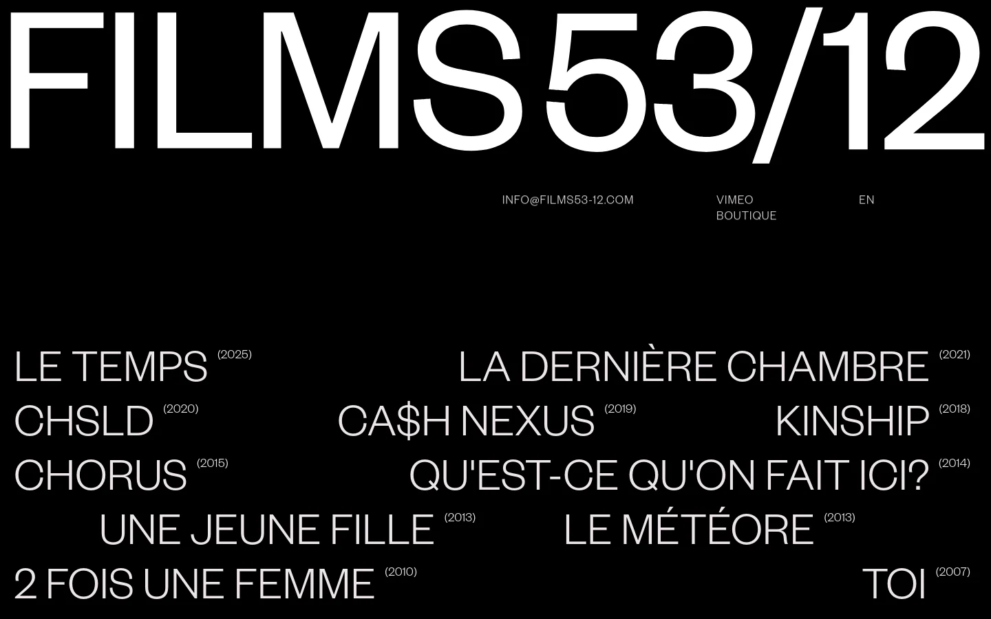 The desktop homepage features a minimalist black background with large, white sans-serif typography. A massive 'FILMS53/12' header dominates the top, followed by navigation links and a staggered, asymmetrical list of film titles with their release years. The layout uses significant negative space to create a clean, cinematic aesthetic.