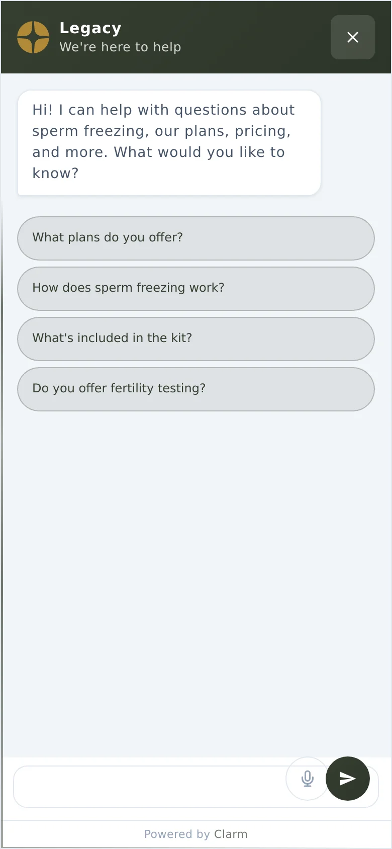 The mobile version presents a vertically stacked layout with a simplified header. The hero text is centered, followed by large, full-width service cards for 'Trying to conceive', 'Vasectomy', and 'LGBTQ+' that feature portrait-oriented imagery. A prominent chat widget overlay is visible at the bottom, offering automated assistance with common questions.
