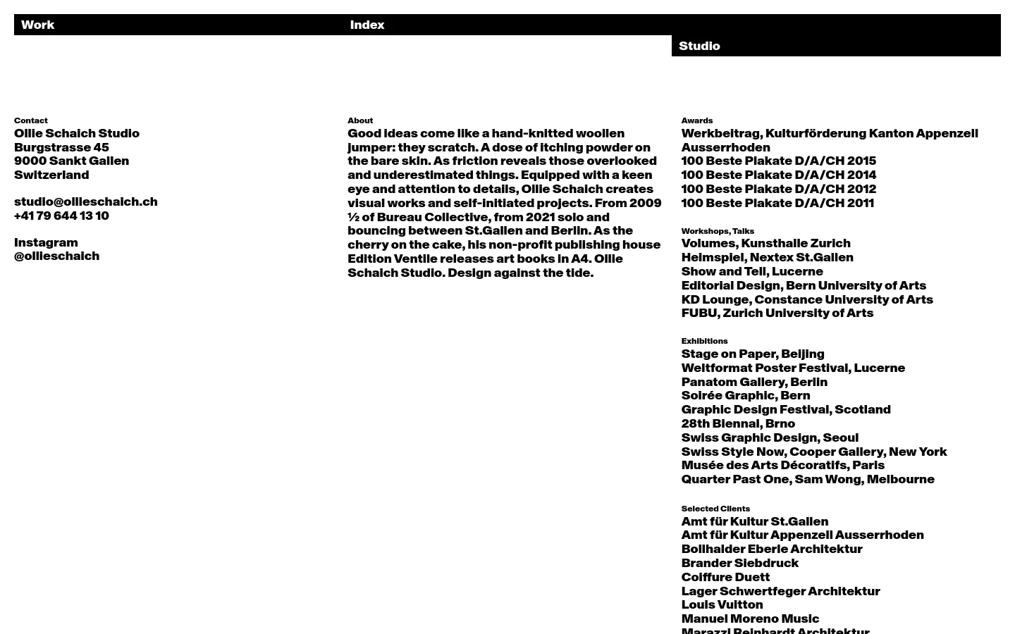The desktop version of the Studio page features a minimalist black navigation bar with links for Work, Index, and Studio. Below, the content is organized into a clean three-column grid on a white background, displaying Contact, About, Awards, Workshops, Exhibitions, and Selected Clients in bold black typography.