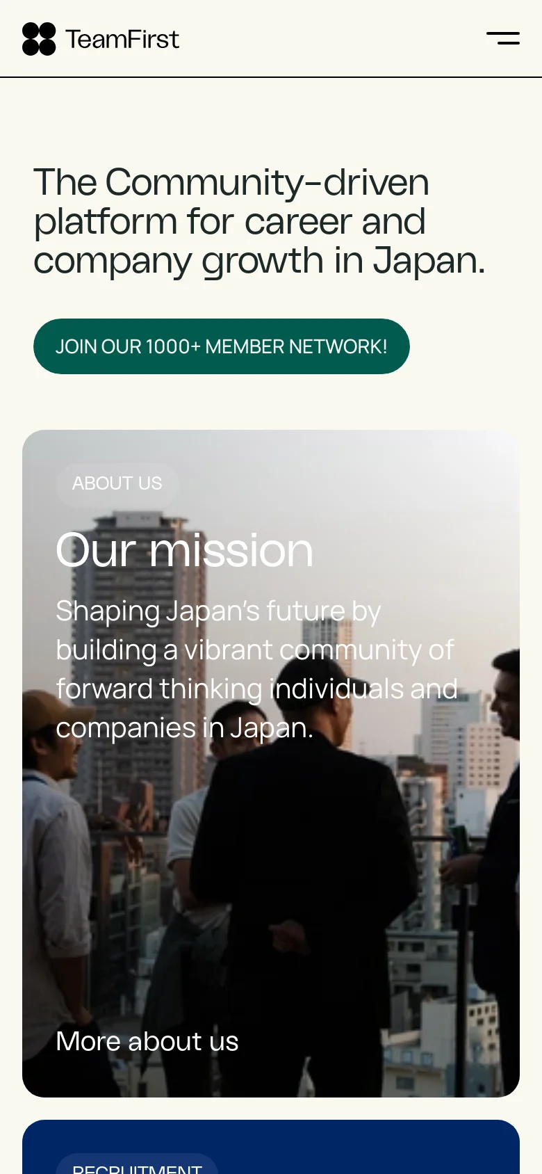 The mobile version uses a single-column vertical layout, stacking the hero text and button at the top. The navigation menu is condensed into a hamburger icon, and the large image tiles are resized to fit the narrower screen width for easy scrolling.