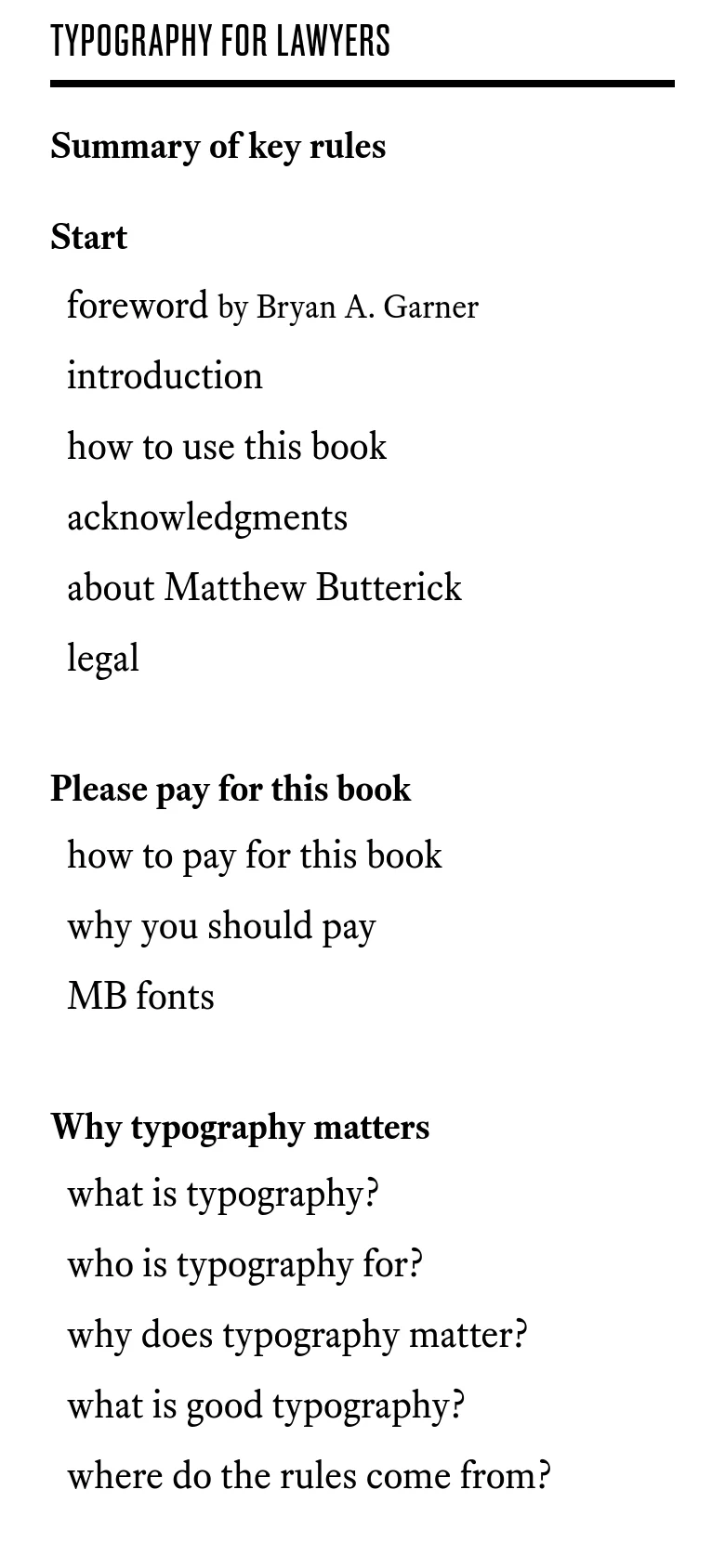 The mobile version simplifies the layout into a single vertical column. The book cover and title appear at the top, followed by a long, continuous list of text links organized by bolded section headings, removing the side-by-side column structure seen on desktop.