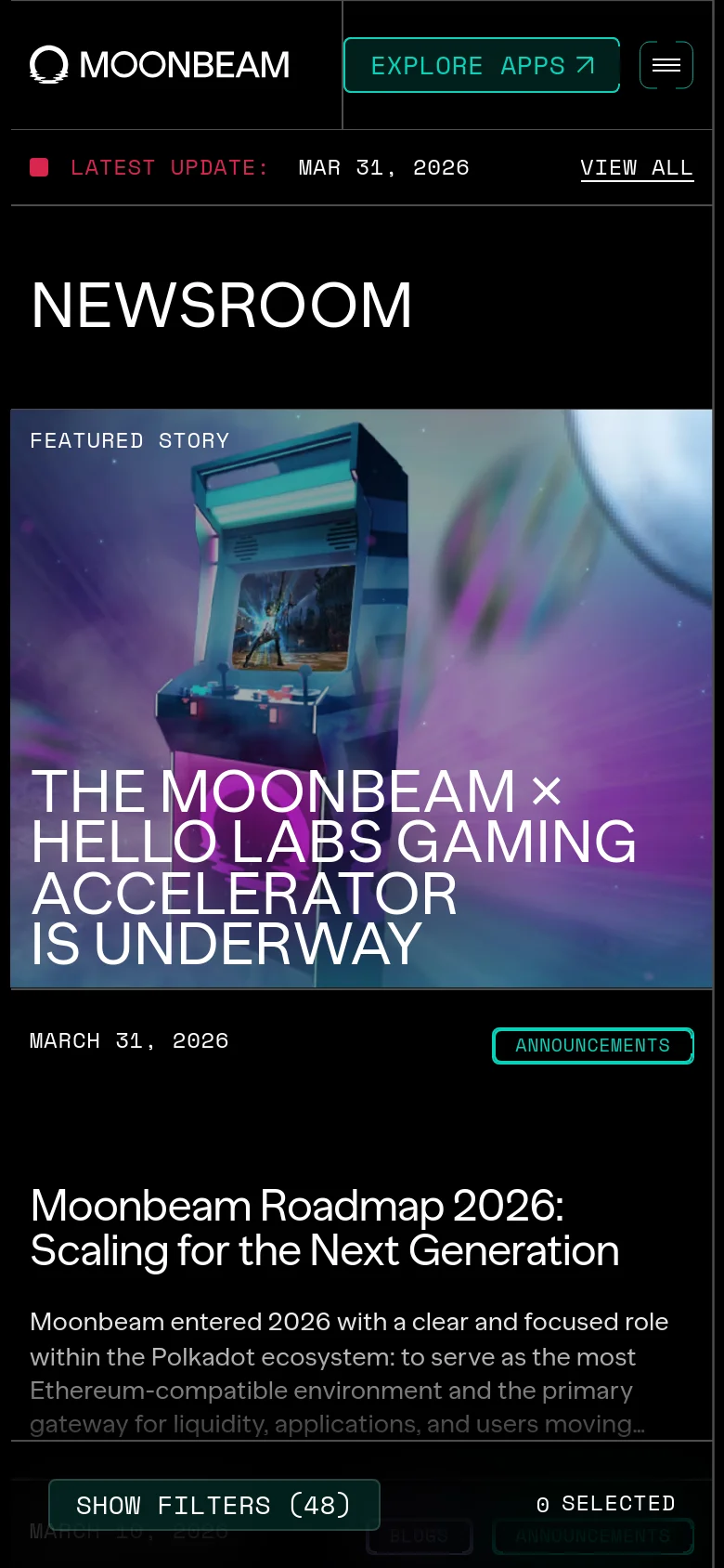 The mobile version of the Newsroom page maintains the dark aesthetic and hero imagery but uses a single-column vertical layout for content. The top navigation is condensed into a hamburger menu icon, and the 'Explore Apps' button is prominently placed next to the Moonbeam logo. Articles and the 'Show Filters' button are stacked vertically to fit the narrower screen width.