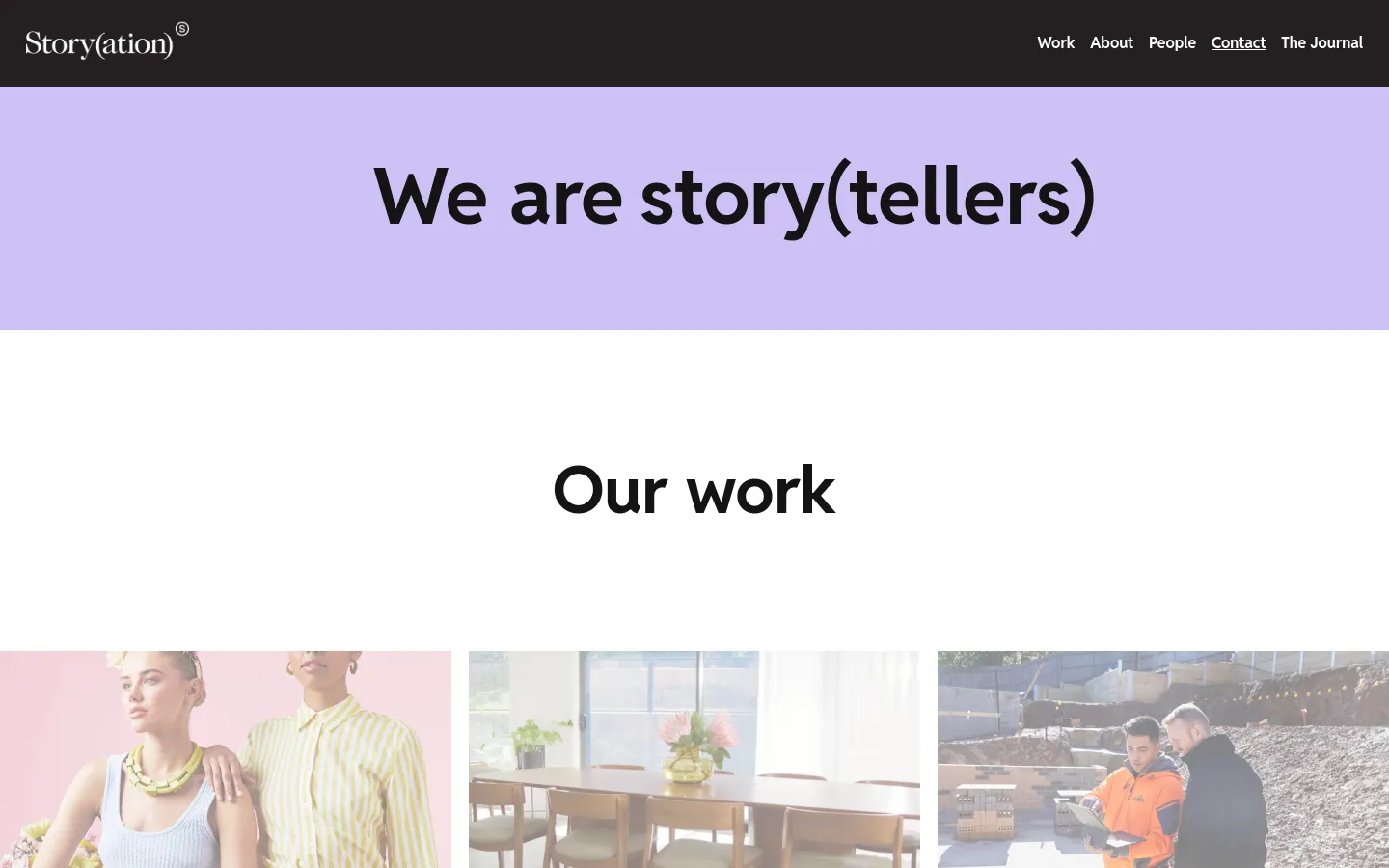 The desktop homepage features a dark navigation bar with the Storyation logo and links for Work, About, People, Contact, and The Journal. A large lavender hero section displays the headline 'We are story(tellers)' in bold black text, followed by an 'Our work' section showcasing a grid of portfolio images and client logos.
