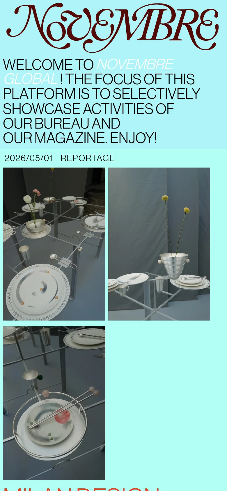 The mobile version maintains the mint green color scheme and large typography but adopts a single-column vertical layout. The content is stacked, with the welcome text appearing first, followed by large, full-width imagery for the featured magazine articles.