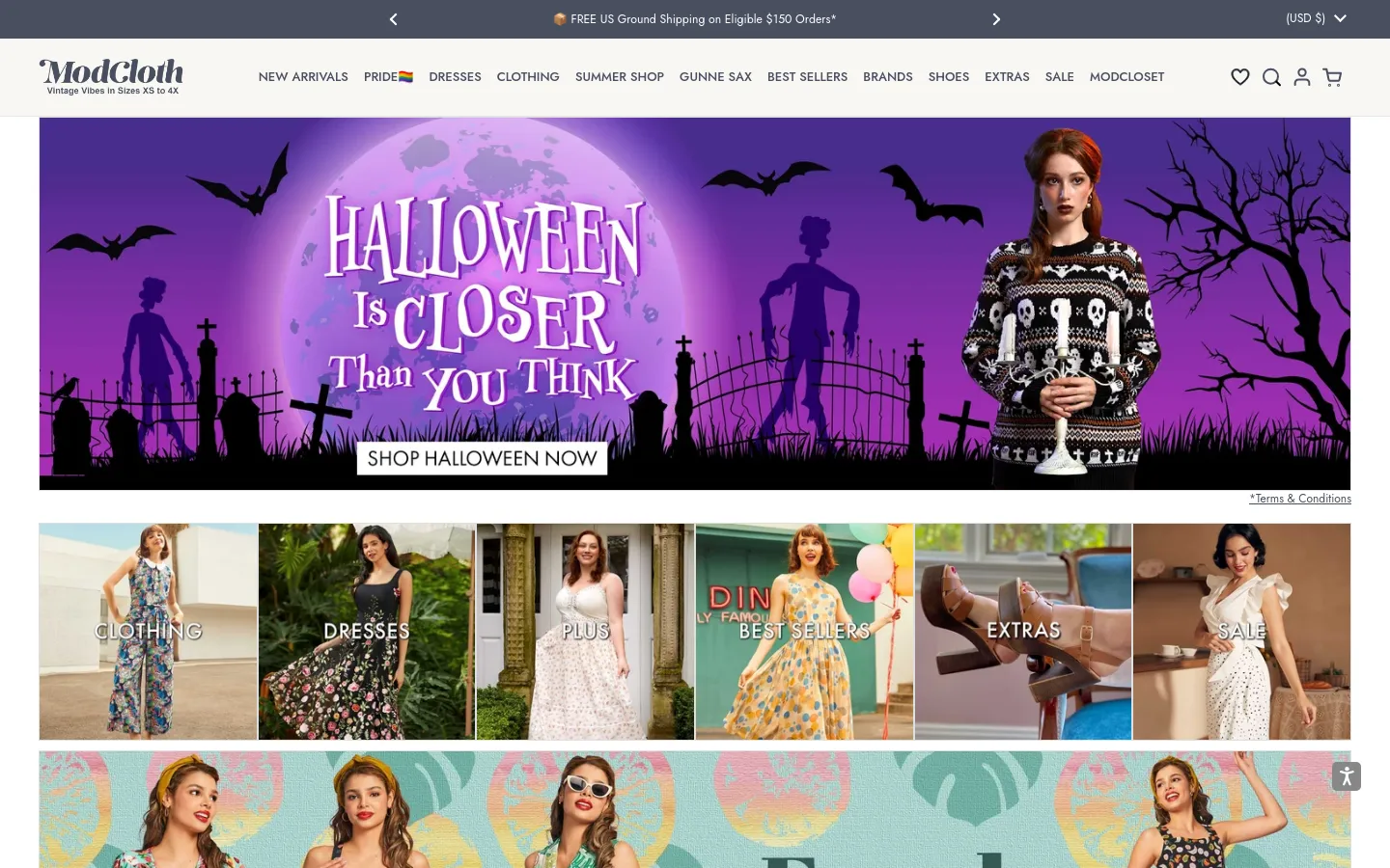 The ModCloth homepage features a wide hero banner with a purple Halloween theme, showing a woman in a skull-patterned sweater against a graveyard silhouette and a large moon. Below the banner, a grid of six rectangular category tiles includes images for Clothing, Dresses, Plus, Best Sellers, Extras, and Sale. The website uses a clean white background with black text and a navigation menu at the top.