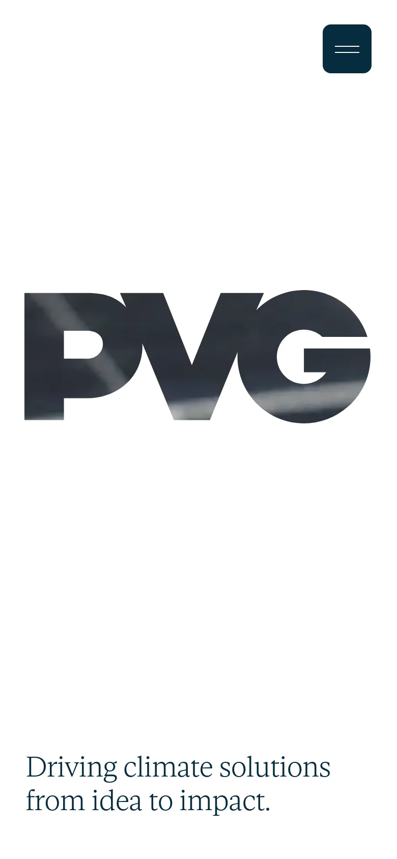 The mobile version presents a simplified vertical layout with a hamburger menu icon in the top right. The large 'PVG' logo and the headline 'Driving climate solutions from idea to impact' are centered on a white background.