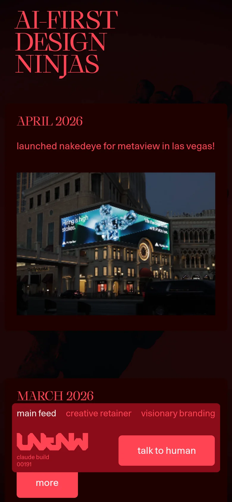 The mobile version maintains the dark aesthetic and large pink serif headlines but utilizes a vertical stack for the content. The project entries are condensed, showing the date and description above a single large image, with the navigation menu and 'talk to human' button appearing as smaller, overlaid elements to fit the narrow screen.
