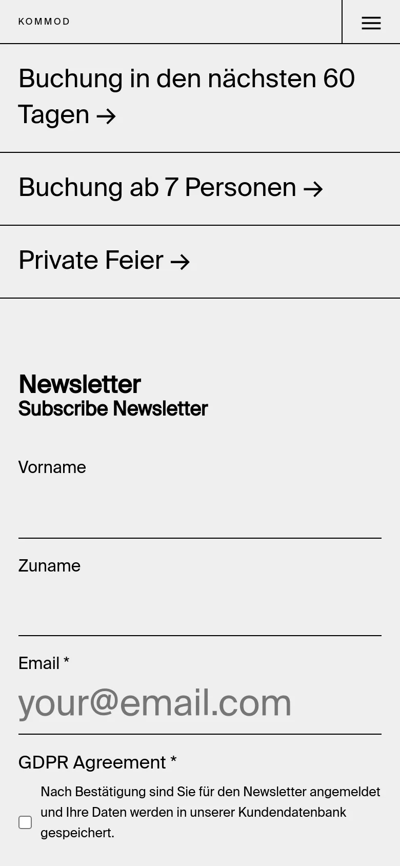 The mobile version presents a simplified vertical layout with the same large text links for booking options stacked on top of each other. A hamburger menu icon is visible in the header, and the newsletter subscription form occupies the full width of the screen below the main links.