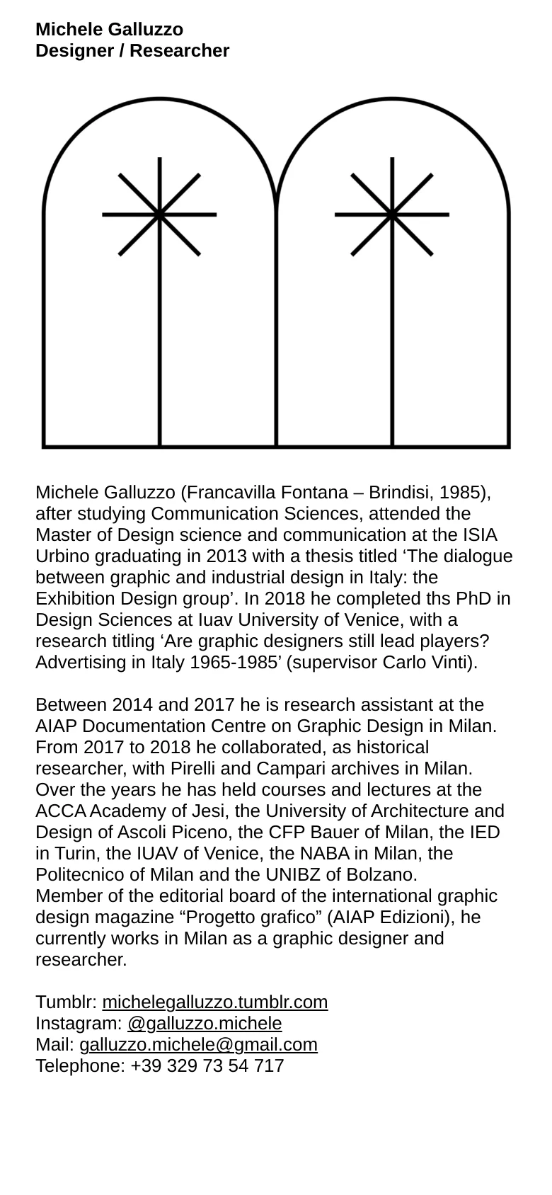 The mobile version presents a vertical single-column layout. The large black arched window illustration is centered at the top, followed by the biographical text and contact information stacked underneath in a clean, readable format.
