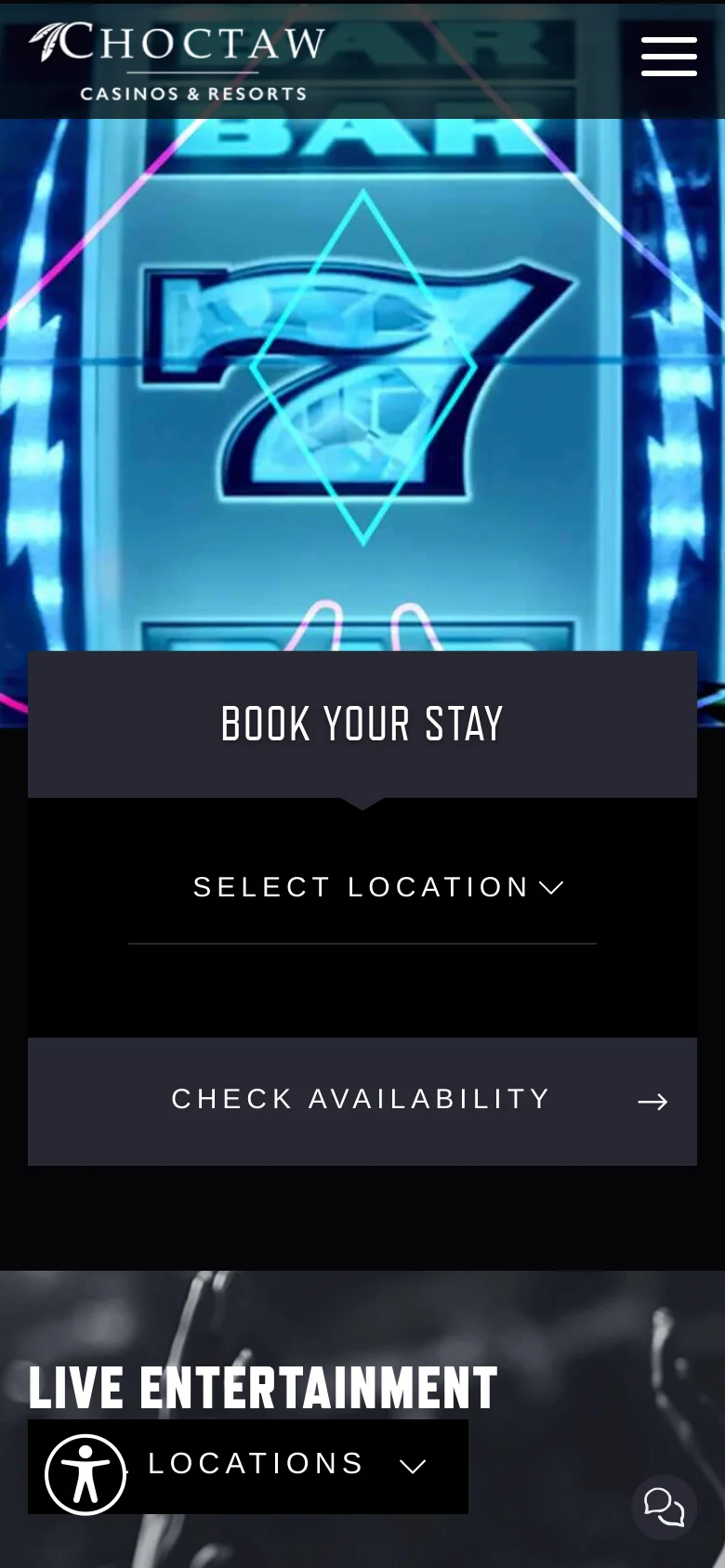 The mobile version presents a vertically stacked layout with a large hero image of a slot machine jackpot. The navigation is condensed into a hamburger menu icon at the top right. The 'Book Your Stay' and 'Live Entertainment' sections are simplified into full-width dark blocks with large, easy-to-tap buttons and dropdown menus.