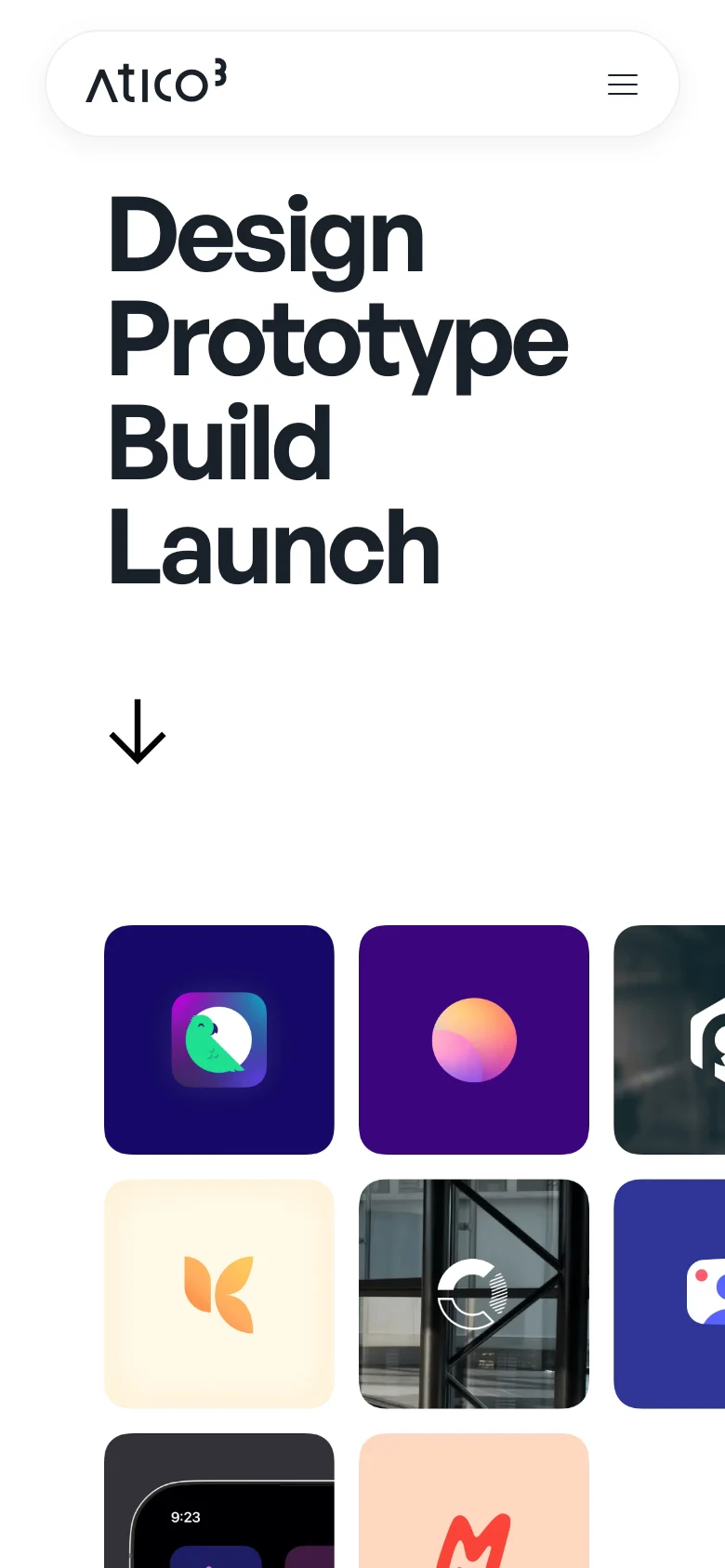 The mobile version uses a simplified layout with a centered Atico³ logo and a hamburger menu icon in a rounded white header. The hero section features the large, bold headline 'Design Prototype Build Launch' followed by a downward arrow, with a single-column grid of colorful brand identity icons below.