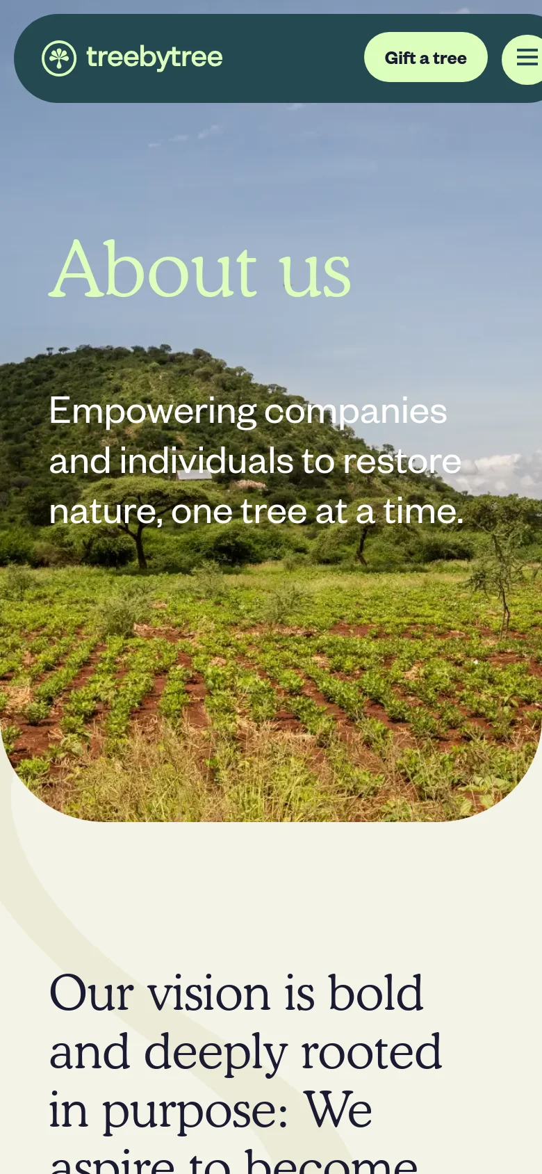 The mobile version maintains the hero image of the green landscape and 'About us' headline but scales the text and image for a vertical orientation. The layout shifts to a single-column view, stacking the team member quotes and professional details vertically for easier scrolling on a smaller screen.