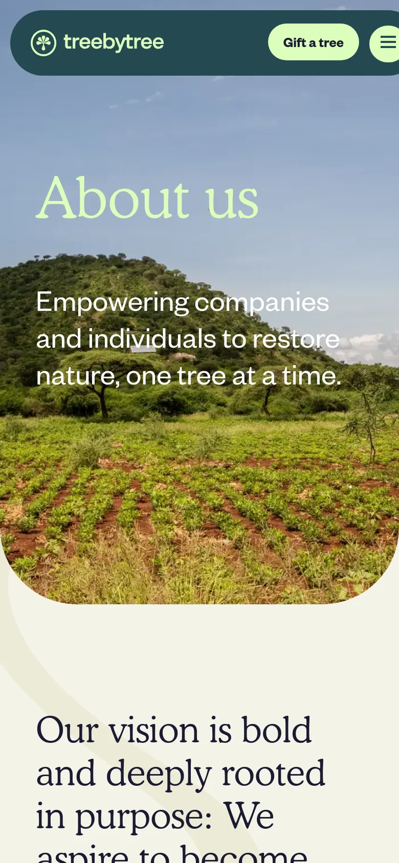 The mobile version maintains the hero image of the green landscape and 'About us' headline but scales the text and image for a vertical orientation. The layout shifts to a single-column view, stacking the team member quotes and professional details vertically for easier scrolling on a smaller screen.