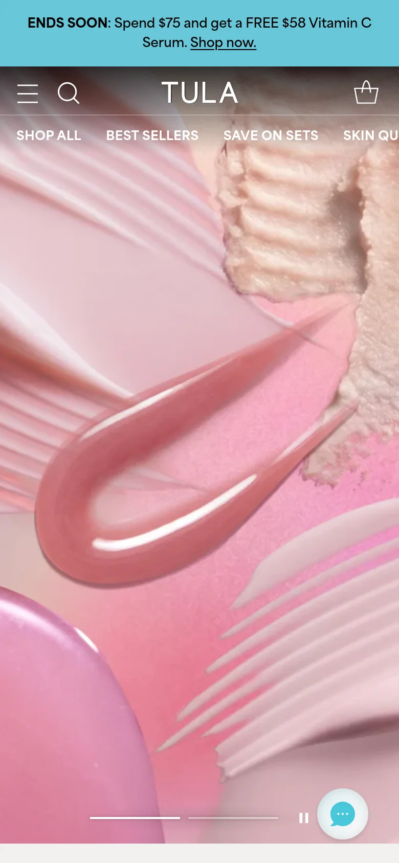 The mobile version shows a full-width hero image of pink skincare textures with a condensed navigation menu featuring a hamburger icon, search, and shopping bag. The top announcement bar remains visible, and the brand logo is centered below the header icons. The layout is vertically oriented to prioritize the visual texture and essential navigation tools.