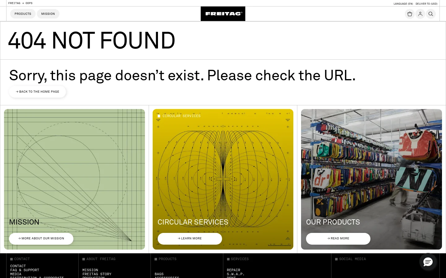 FREITAG 404 error page featuring large black sans-serif typography on a white background. Below the headline, a three-column grid displays large image tiles for Mission, Circular Services, and Our Products with minimalist white button CTAs. The design uses a high-contrast, industrial aesthetic with muted green, yellow, and photographic textures.
