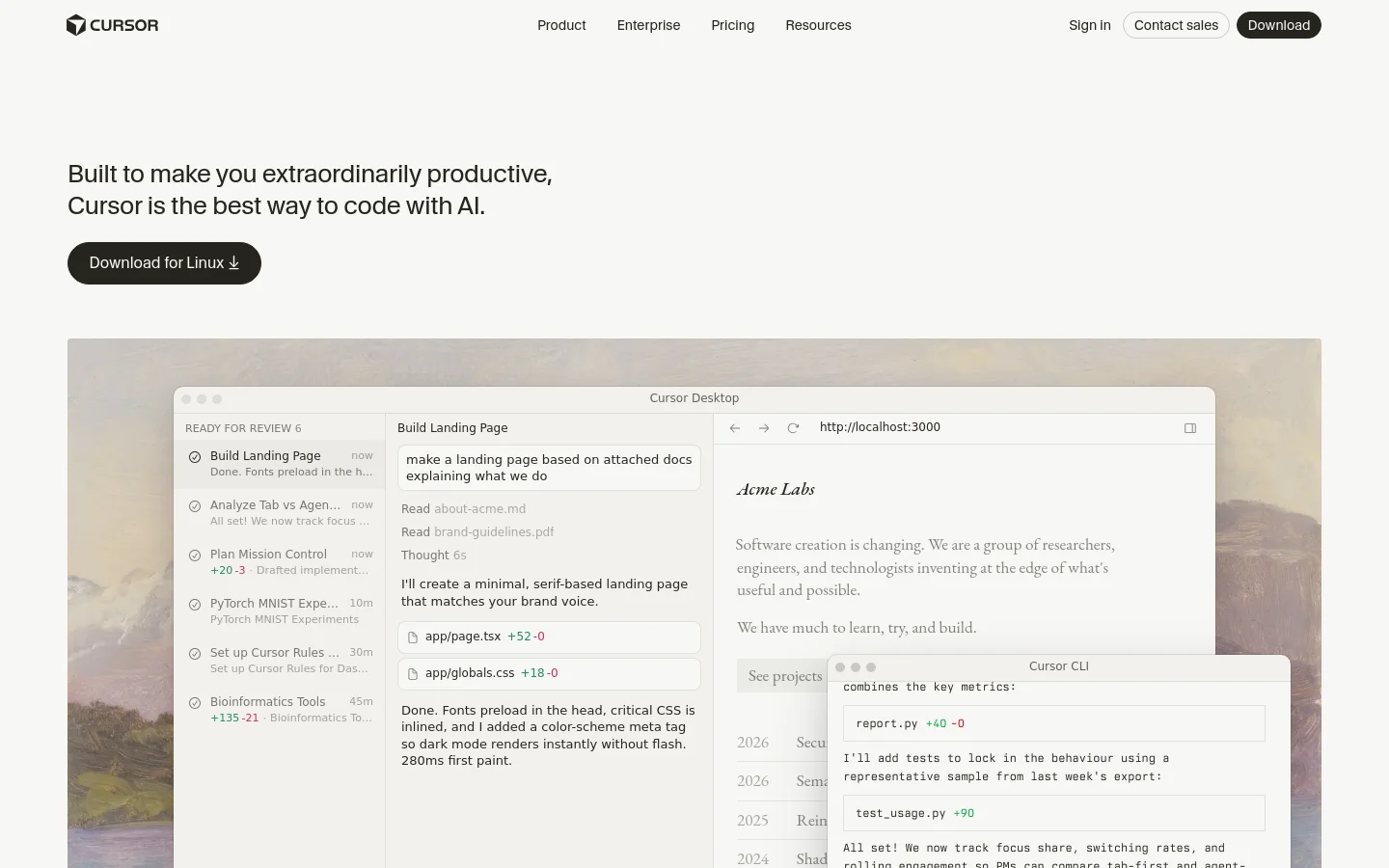 The desktop homepage features a minimalist white background with a large headline reading 'Built to make you extraordinarily productive, Cursor is the best way to code with AI.' A dark 'Download for Linux' button sits below the text, and a large hero image displays a code editor interface showing file lists and code snippets. The navigation bar at the top includes links for Product, Enterprise, Pricing, and Resources, alongside 'Sign in' and 'Download' buttons.