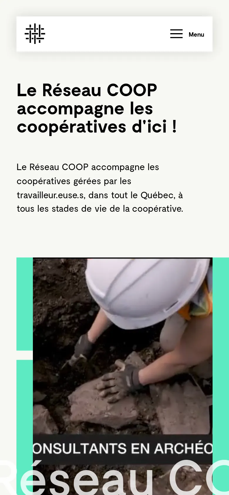 The mobile version simplifies the layout into a single-column vertical stack, starting with a centered logo and a hamburger menu icon. The hero headline is prominently displayed at the top, followed by a large, full-width image of a person in a white hard hat working with stones. The teal accent color is used as a background element behind the main image.