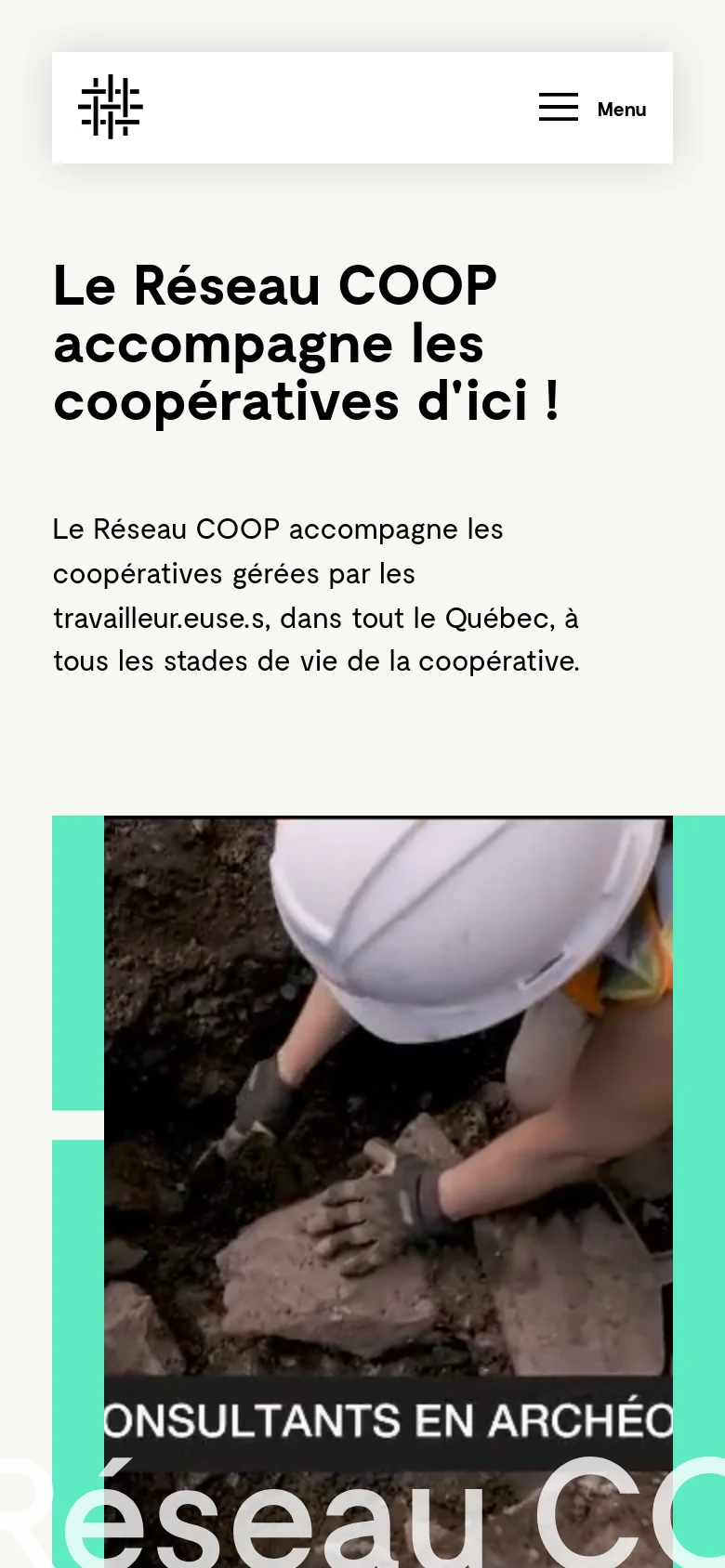 The mobile version simplifies the layout into a single-column vertical stack, starting with a centered logo and a hamburger menu icon. The hero headline is prominently displayed at the top, followed by a large, full-width image of a person in a white hard hat working with stones. The teal accent color is used as a background element behind the main image.