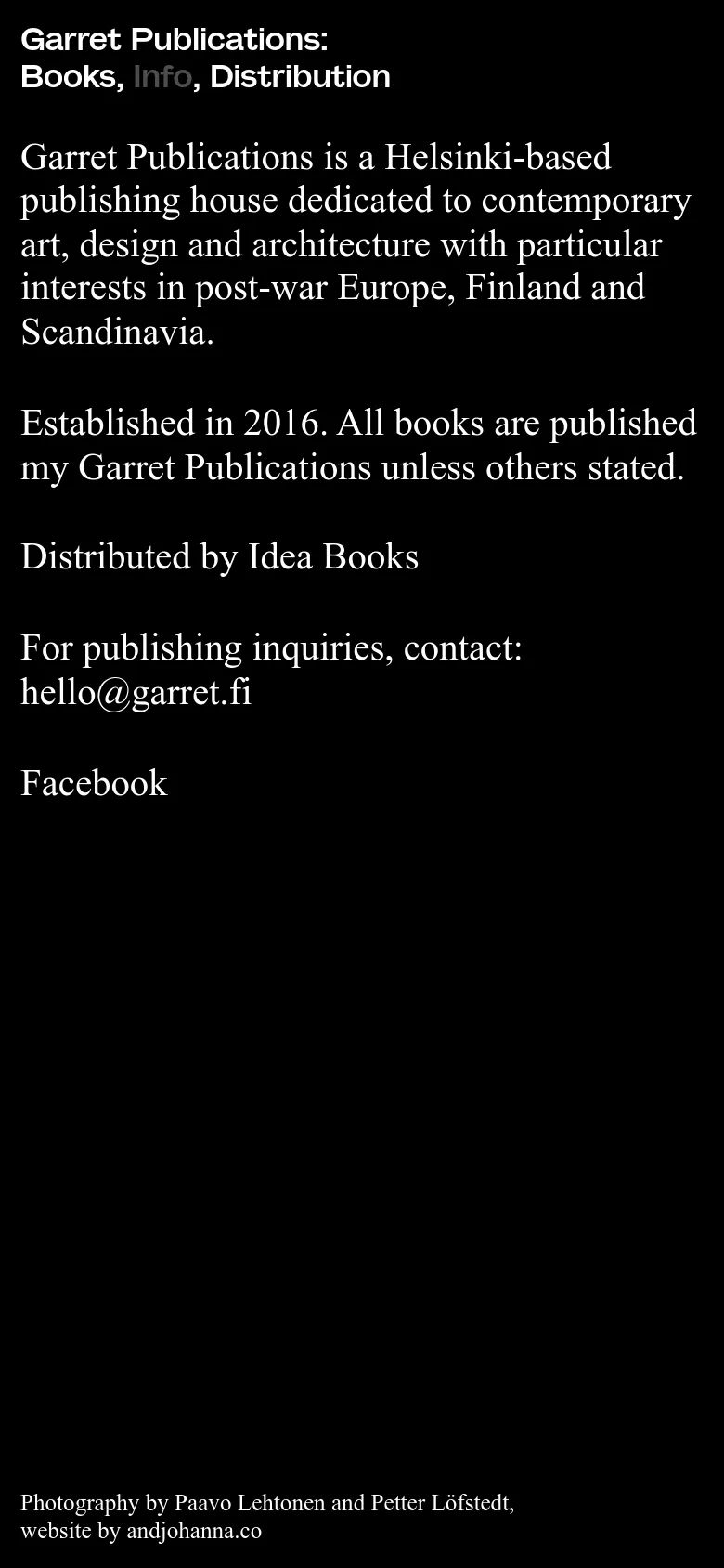 The mobile version maintains the minimalist black and white aesthetic but presents a more compact layout. The navigation menu is condensed at the top, and the text scales to fit the narrower screen width, ensuring the publishing house's description and contact email remain the central focus.