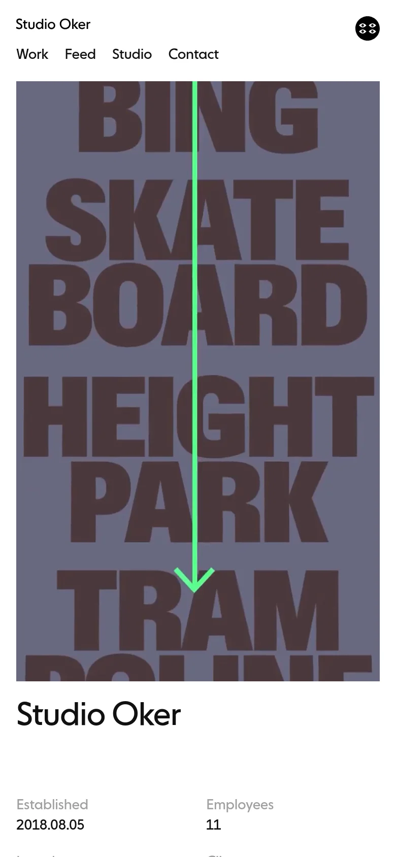 The mobile version presents a vertically stacked layout with a dark, textured hero image featuring large typography like 'SKATEBOARD' and 'HEIGHT PARK.' Below the hero image, the 'Studio Oker' heading appears in large black text, followed by studio statistics such as establishment date and employee count on a clean white background.