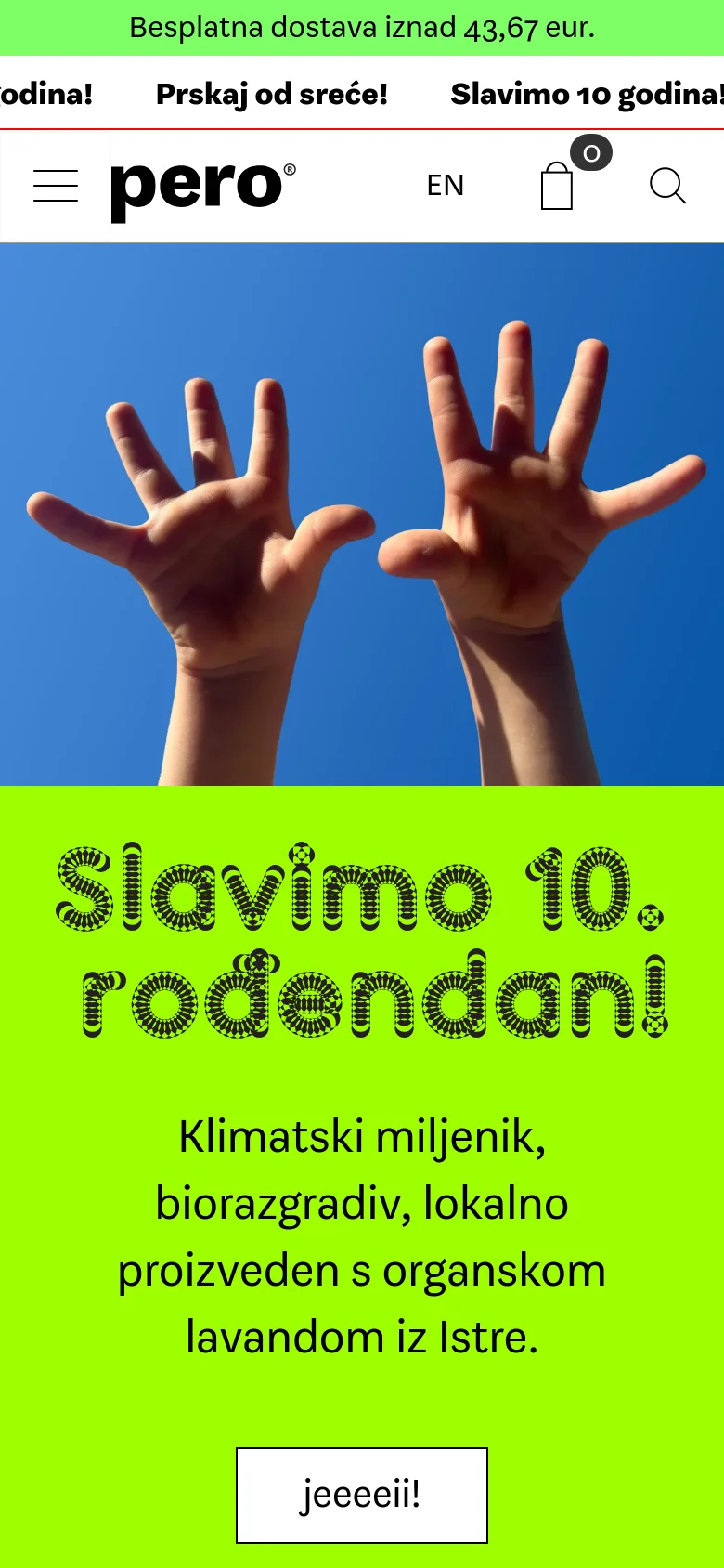 The mobile version presents a vertically stacked layout, starting with a full-width hero image of hands against a blue sky. Below this, the lime green section follows, containing the large celebratory headline, product description, and the 'jeeeeii!' button. The navigation is condensed into a hamburger menu icon, the logo, and icons for language, cart, and search.