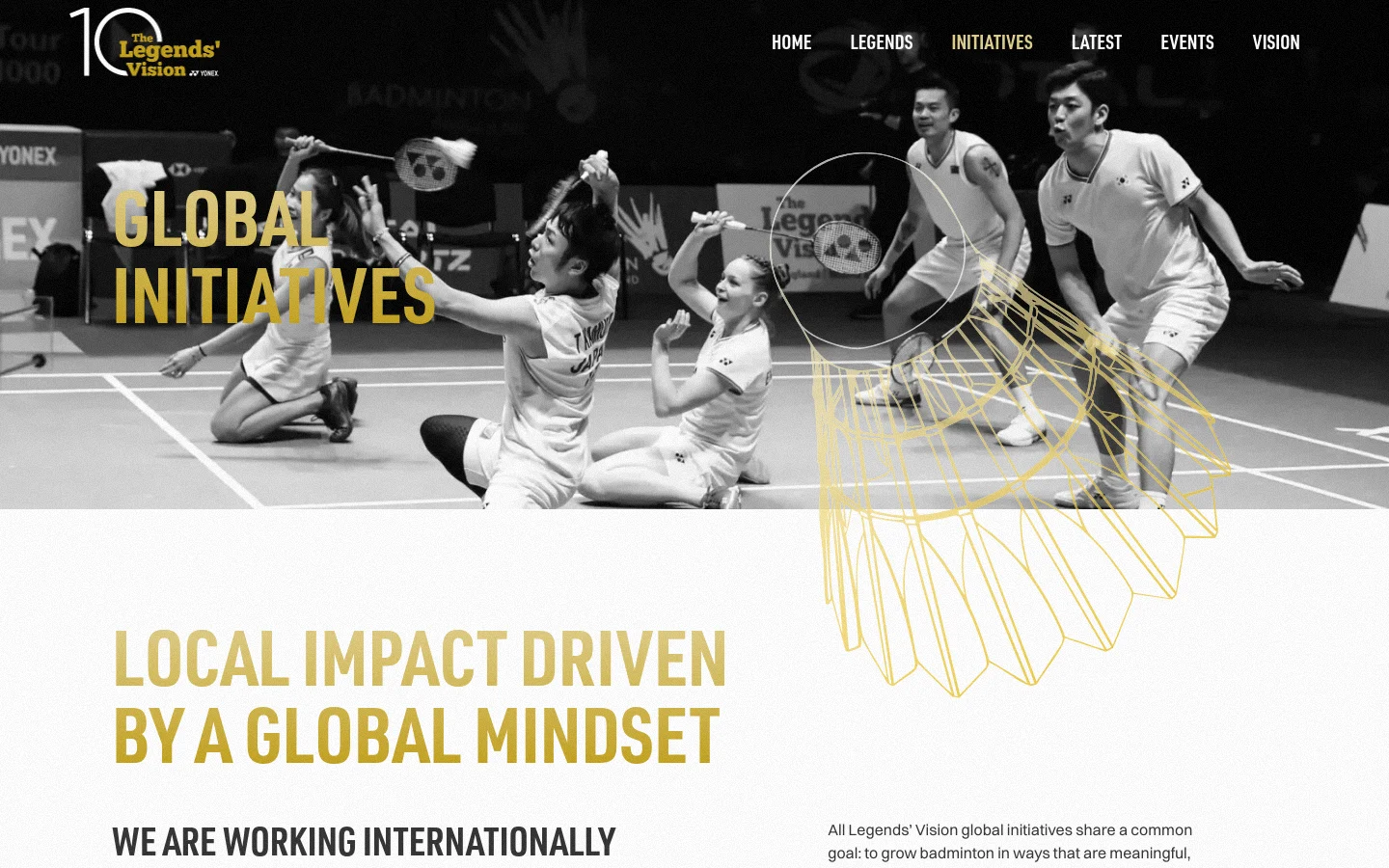 The desktop page features a large black and white hero image of badminton players in action, overlaid with the bold yellow headline 'GLOBAL INITIATIVES' and a stylized yellow shuttlecock graphic. Below, the layout uses a clean white background with black text and yellow accents to describe various global initiatives. The navigation menu is positioned at the top right against the dark hero image.