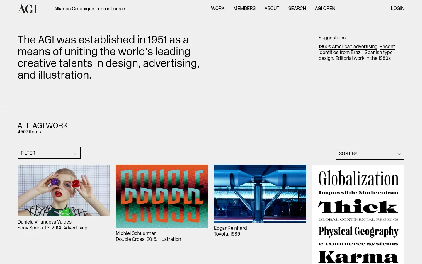 The desktop page features a minimalist white background with a large, bold headline explaining the AGI mission. Below, a section titled 'ALL AGI WORK' displays a grid of design project thumbnails with names and categories, accompanied by 'FILTER' and 'SORT BY' buttons positioned side-by-side. A 'Suggestions' list of text links is located in the top right corner.