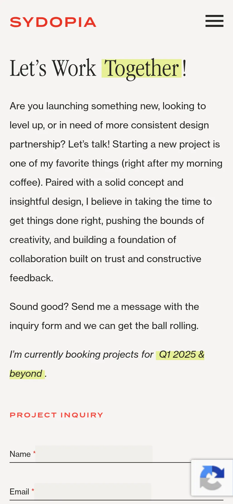 The mobile version uses a single-column vertical layout optimized for small screens. The navigation menu is collapsed into a hamburger icon at the top right. The introductory text and booking notice appear first, followed by the 'Project Inquiry' form fields stacked vertically, and a floating chat icon in the bottom right corner.