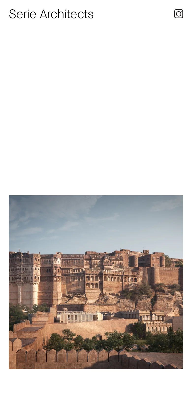 The mobile version maintains the minimalist aesthetic with a simplified header containing the brand name and an Instagram icon. The large architectural hero image is stacked vertically, filling the width of the screen to emphasize the visual content over text.