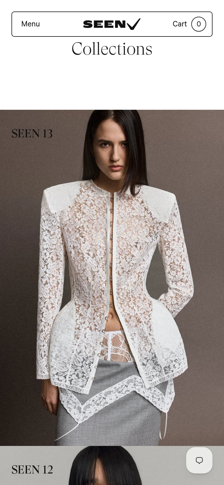 The mobile version presents a simplified layout with a centered 'Collections' heading and a prominent top navigation bar containing a 'Menu' button, the SEEN logo, and a 'Cart' icon. The fashion collection images, like SEEN 13, are displayed in a single-column vertical stack, filling the width of the screen for a focused viewing experience.