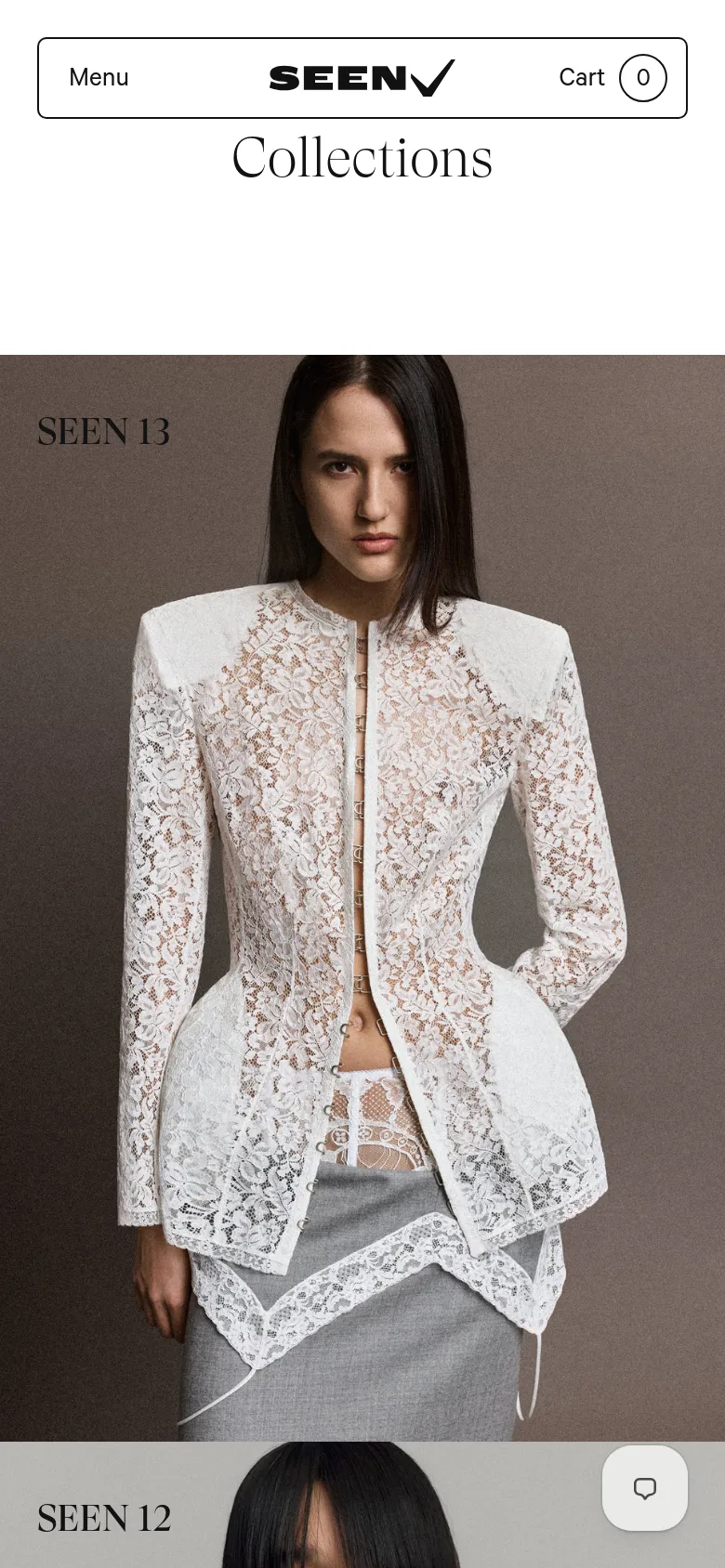 The mobile version presents a simplified layout with a centered 'Collections' heading and a prominent top navigation bar containing a 'Menu' button, the SEEN logo, and a 'Cart' icon. The fashion collection images, like SEEN 13, are displayed in a single-column vertical stack, filling the width of the screen for a focused viewing experience.