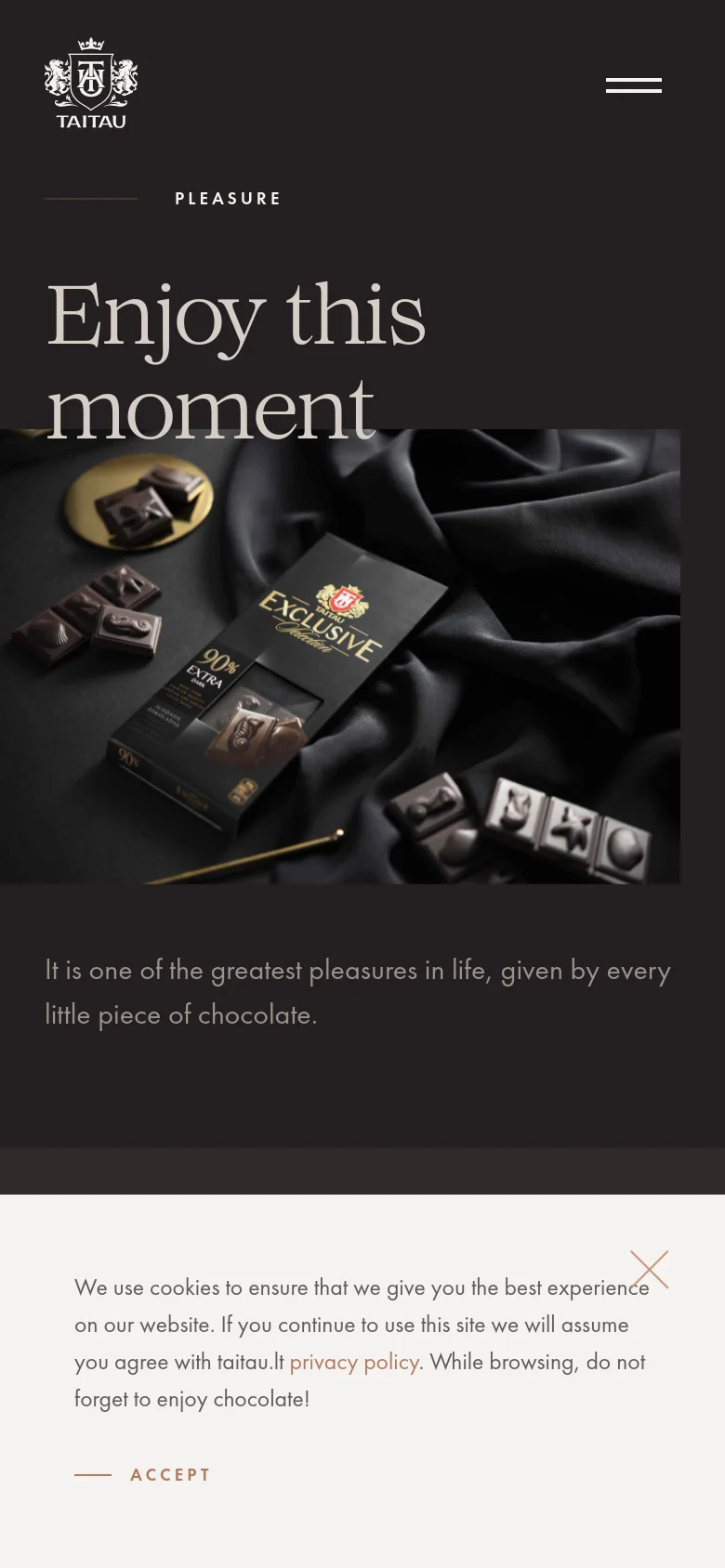The mobile version maintains the dark, premium aesthetic but uses a vertical layout. The logo is centered at the top, followed by the 'PLEASURE' heading and large 'Enjoy this moment' text, with the hero image of chocolate pieces positioned below the main headline.